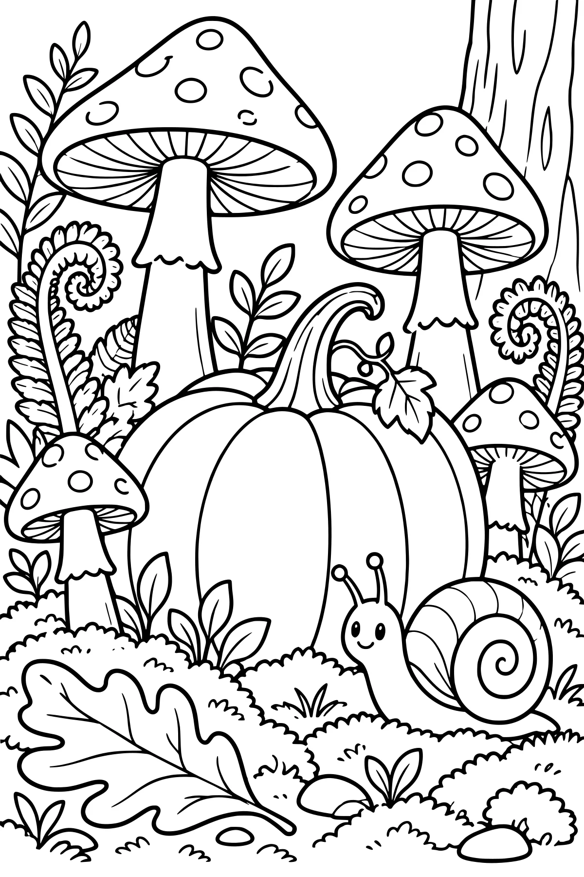 Large pumpkin surrounded by spotted mushrooms, ferns, leafy plants, a spiral-shelled snail, and a tree trunk.
