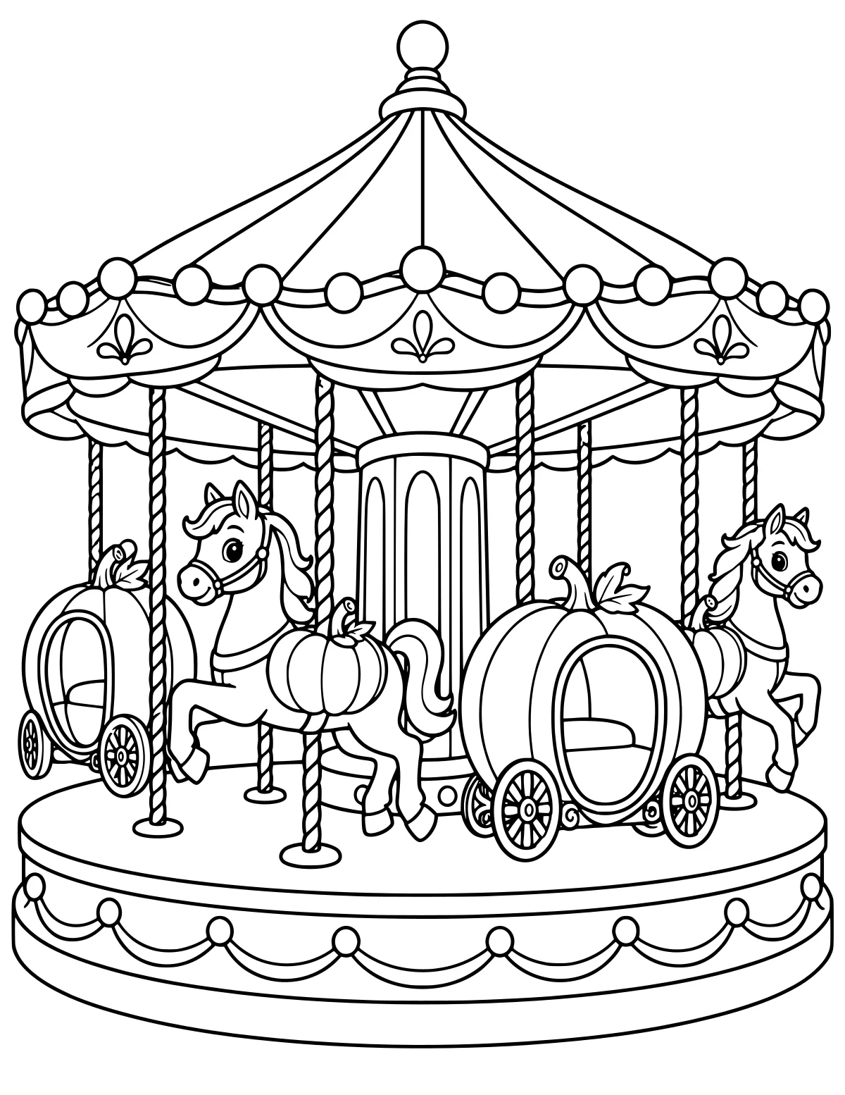 Pumpkin-shaped carriages and carousel horses arranged beneath a draped canopy with twisted poles, floral ornaments, wheels, and scalloped platform trim.