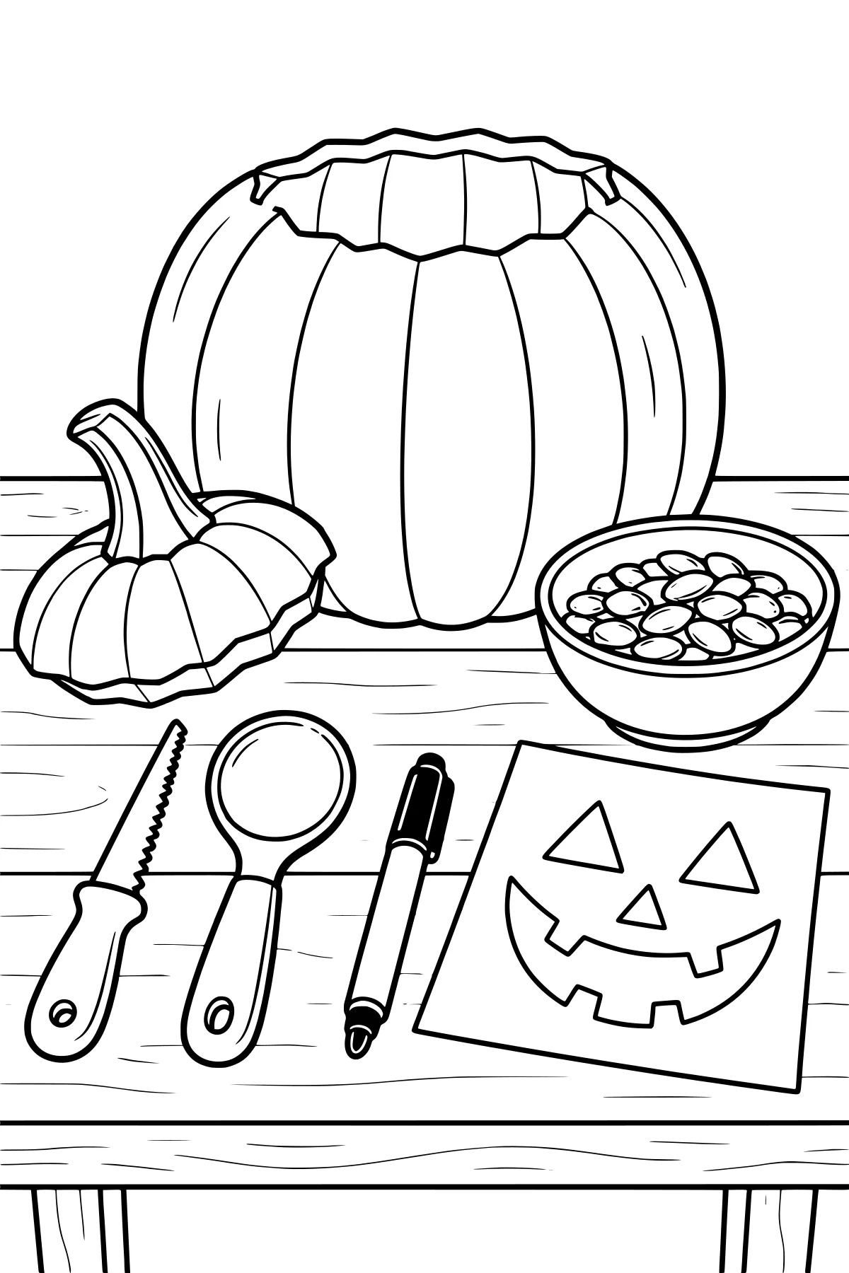 Hollow pumpkin with its cut lid, bowl of seeds, serrated knife, spoon, marker, and jack-o’-lantern face template on a wooden table.