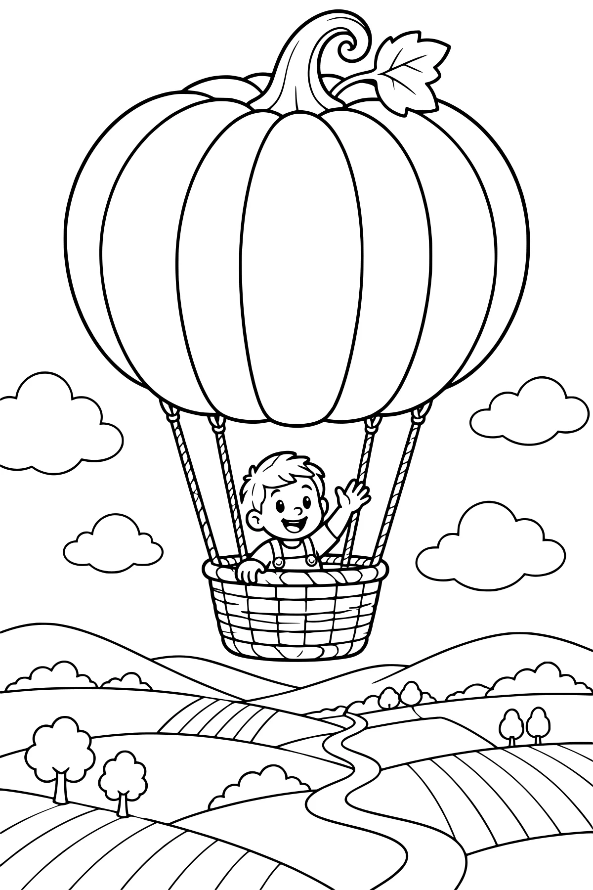 Pumpkin-shaped hot air balloon with a waving child in a woven basket, floating above rolling fields, clouds, trees, and a winding route.