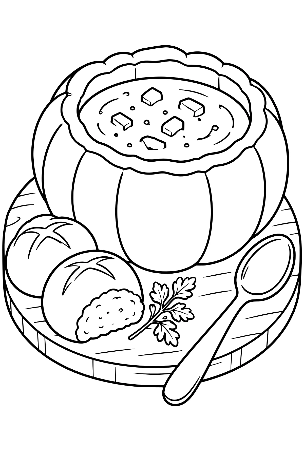 Hollow pumpkin bowl filled with soup and small cubes, beside round rolls, a leafy sprig, and a spoon on a circular wooden board.