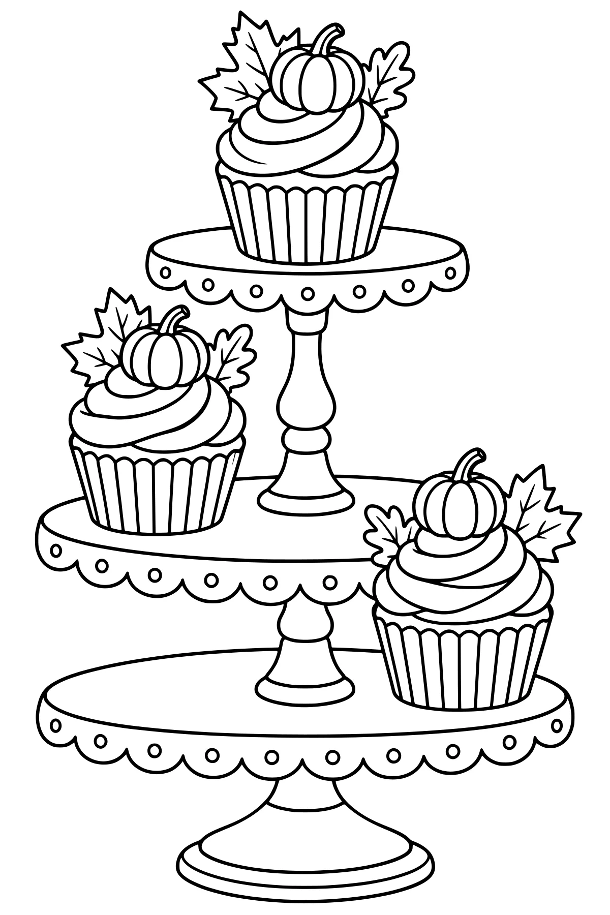 Pumpkin-topped cupcakes with swirled frosting and leaves arranged across a tiered dessert stand with scalloped, dotted edges.