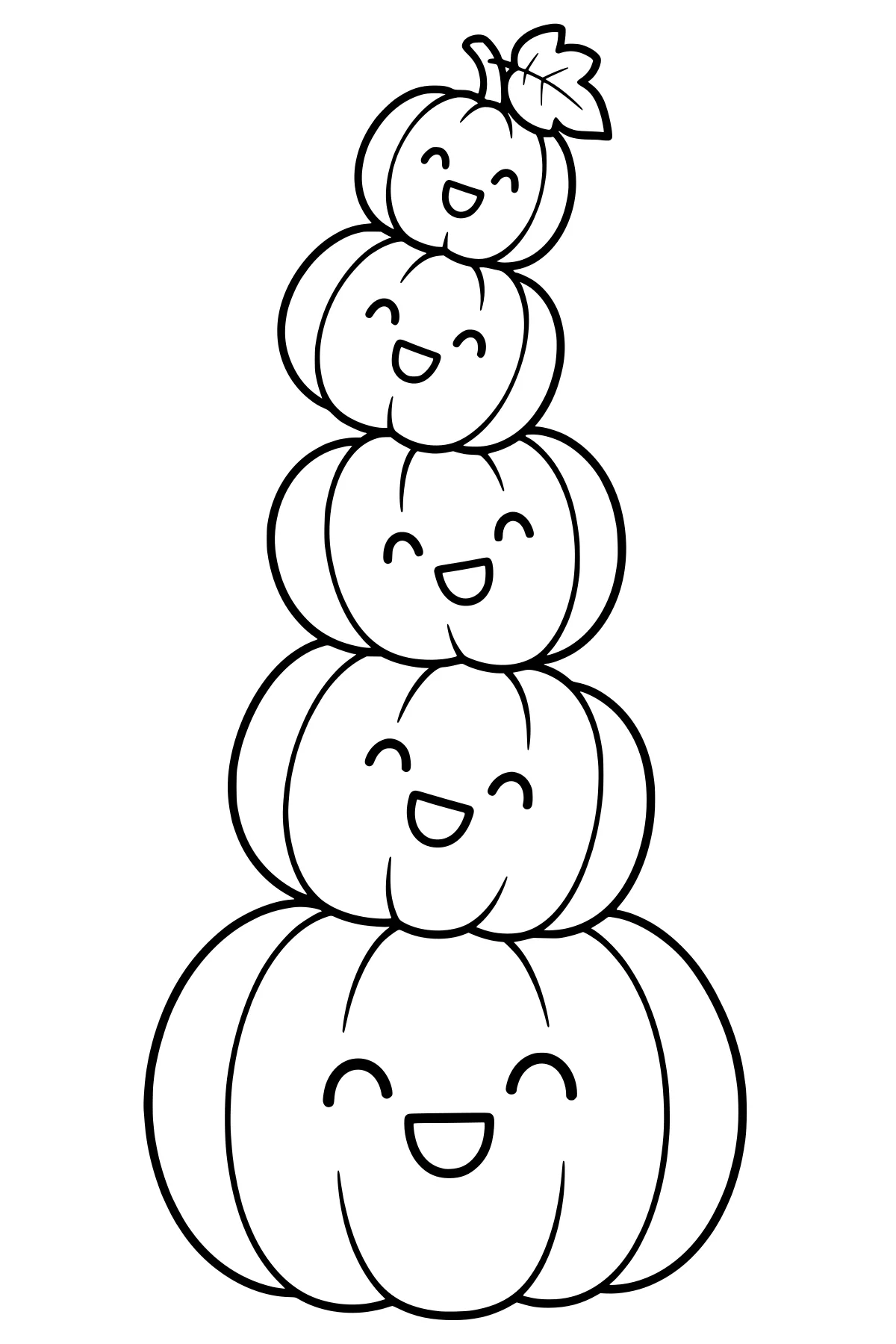 Rounded pumpkins stacked in a tall tower, each with curved eyes and an open mouth, topped by a stem and veined leaf.