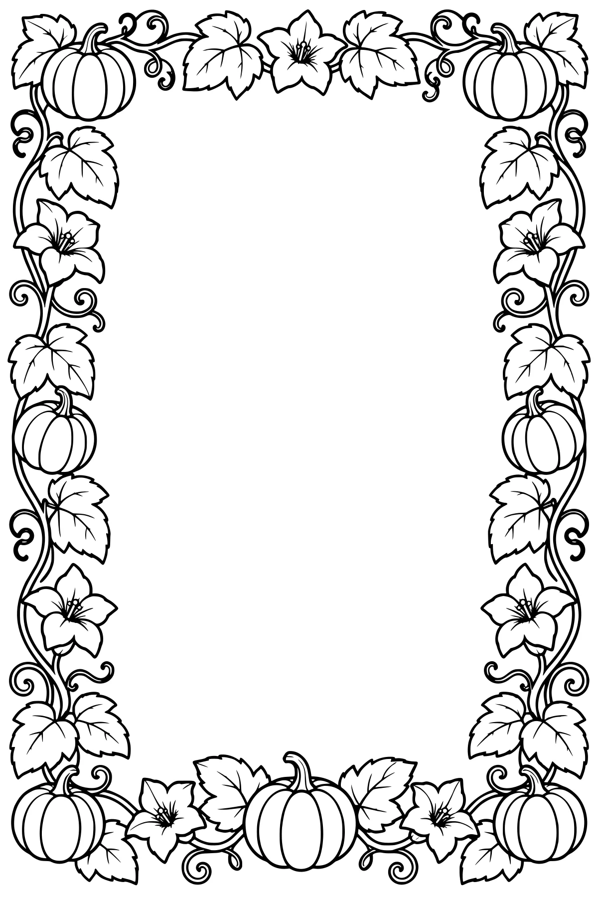 Ornamental border of ribbed pumpkins, pointed leaves, open flowers, and curling vines surrounding a large blank center.