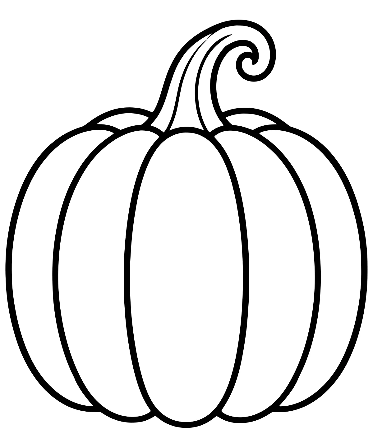 Large round pumpkin with bold curved ridges and a tall striped stem curling inward at the tip.