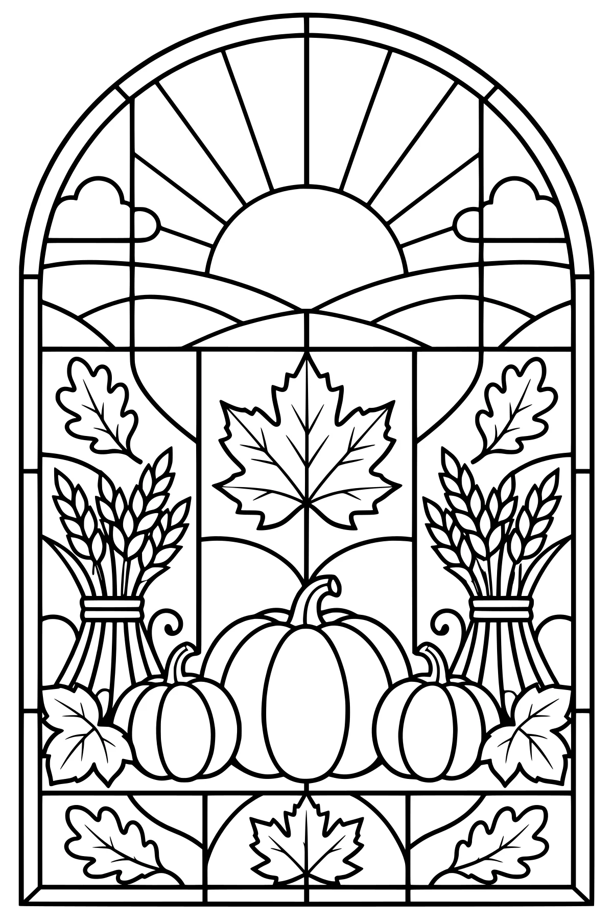 Arched stained-glass line art with pumpkins, grain bundles, autumn leaves, rolling hills, clouds, and a rising sun.