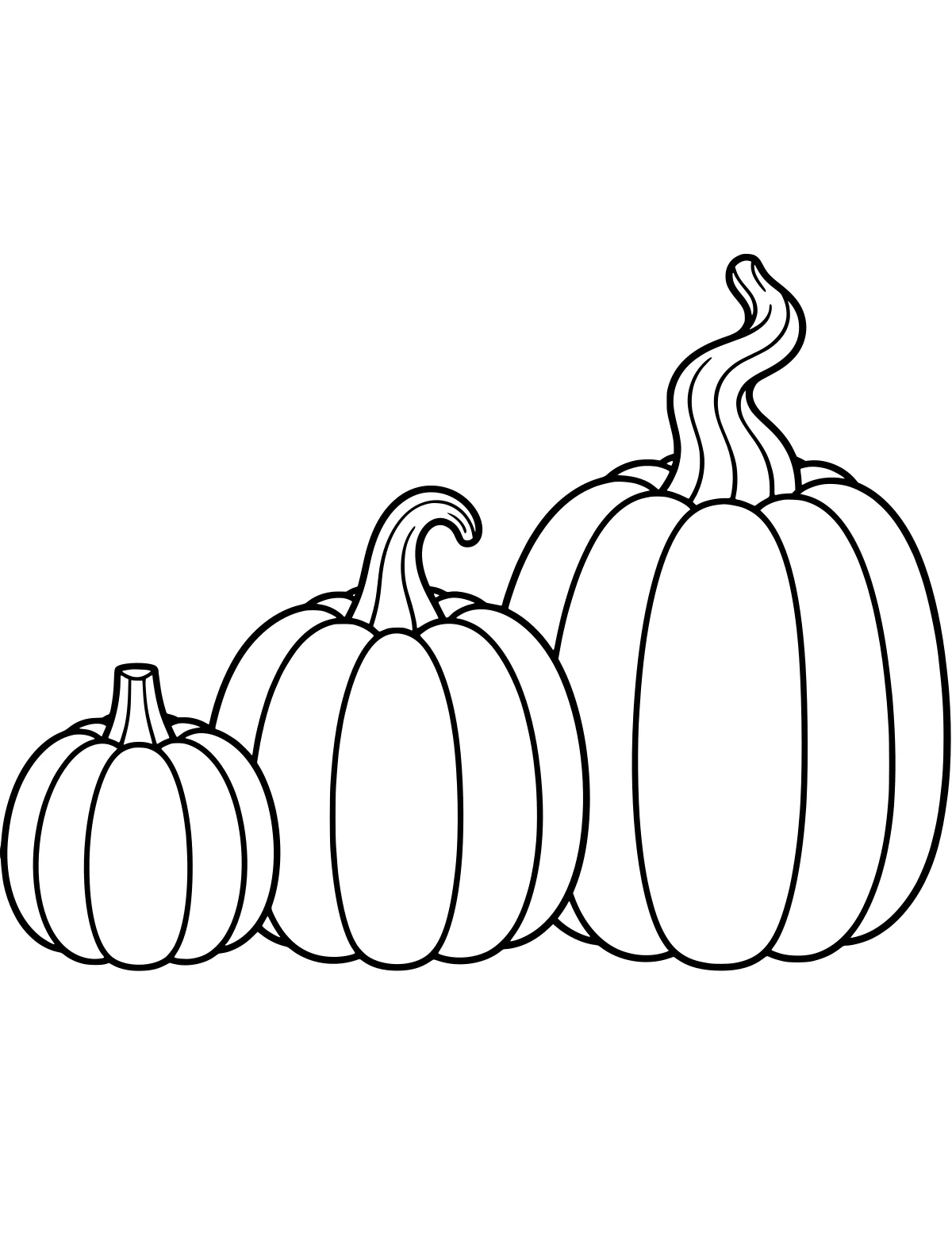 Black-and-white line art of three ribbed pumpkins arranged by size, with short, curved, and tall curling stems.
