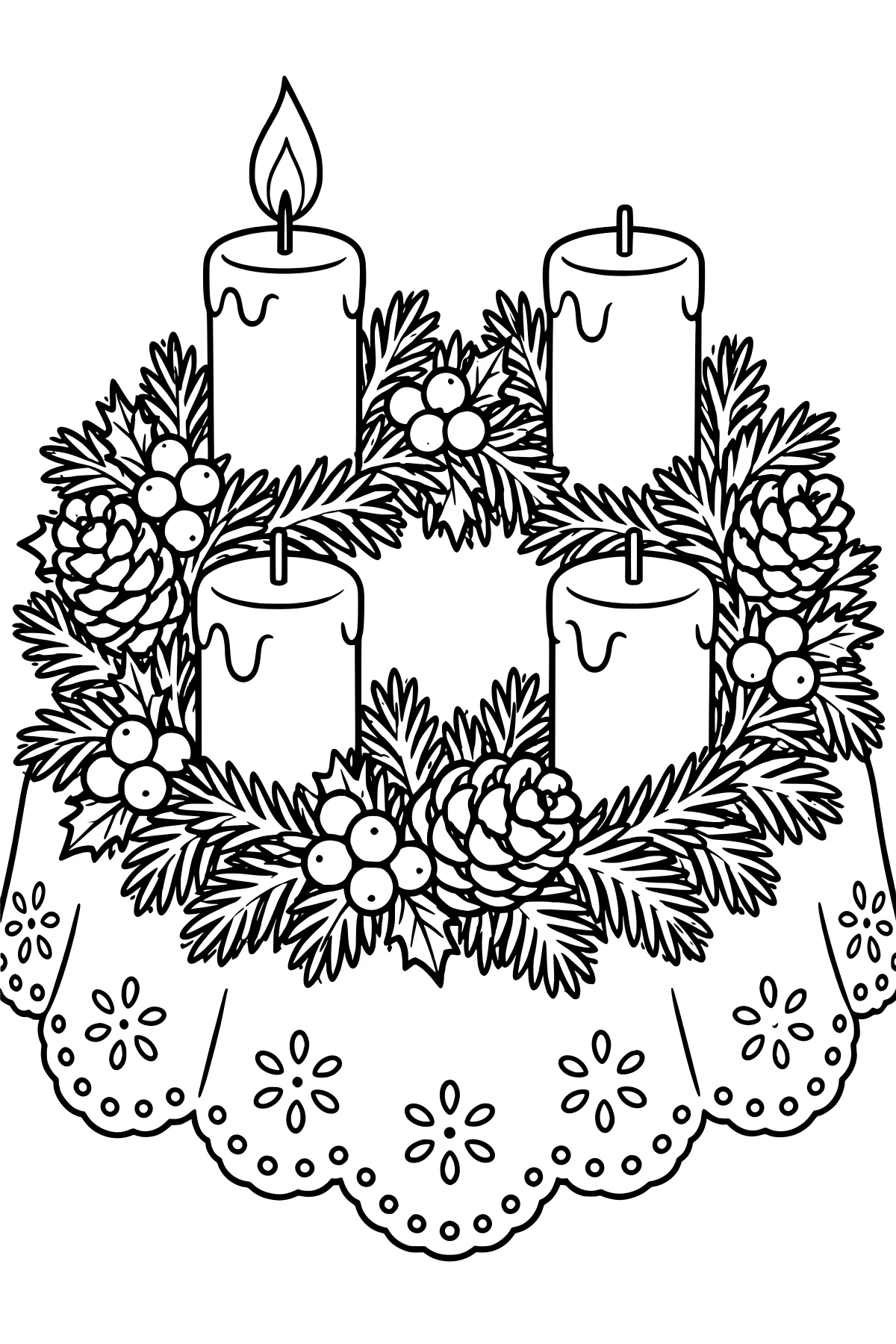 Evergreen Advent wreath with berries, pinecones, pointed leaves, four pillar candles, one visible flame, and a scalloped floral cloth underneath.