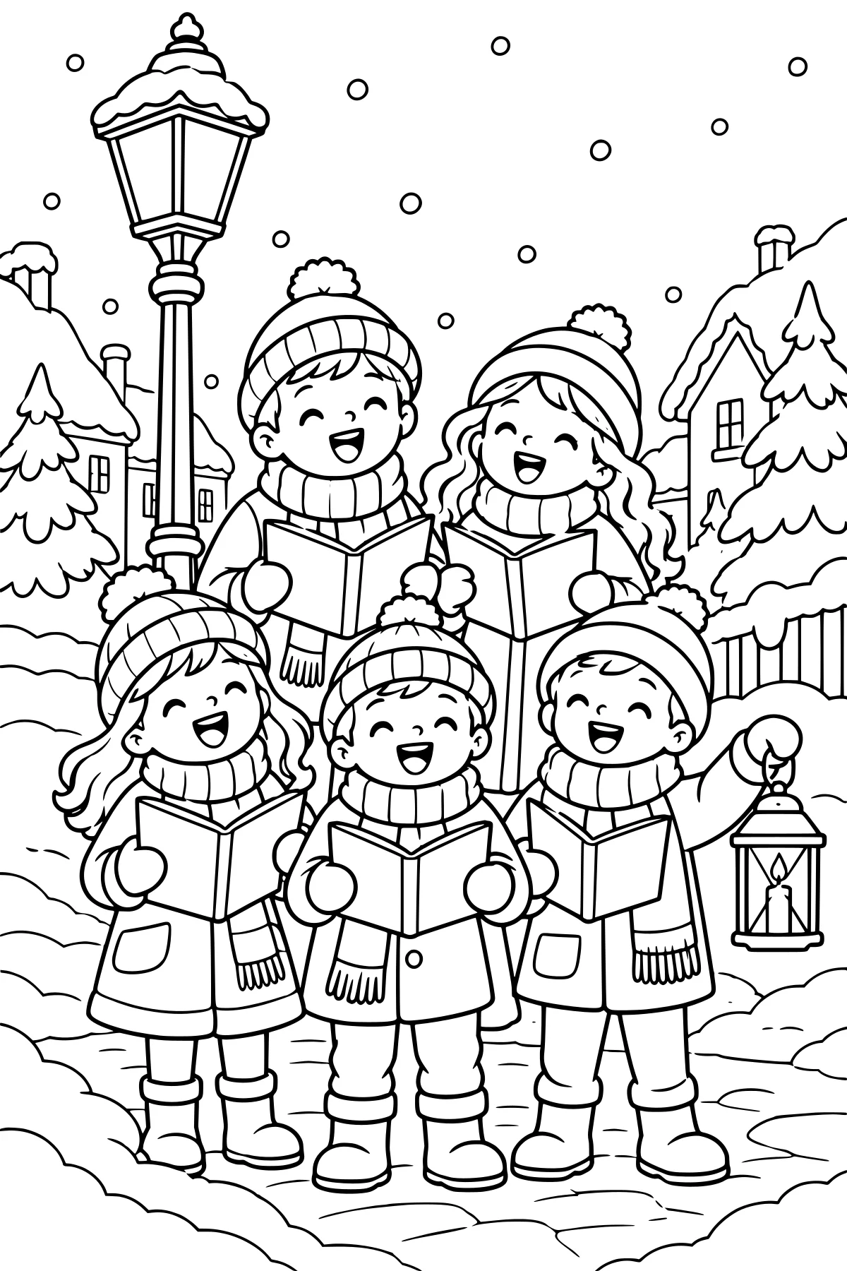 Bundled carolers singing from open songbooks on a snowy village street with evergreens, houses, a streetlamp, and a handheld lantern.