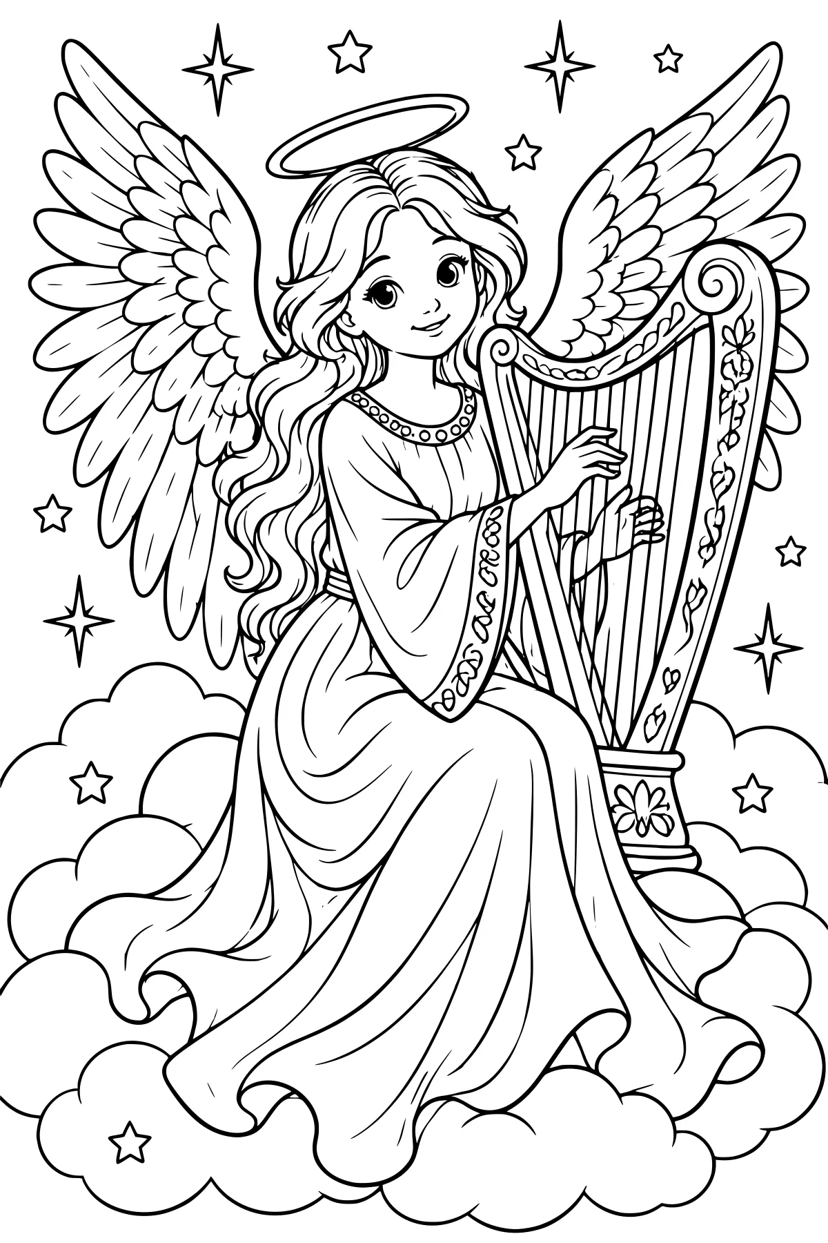 Haloed angel seated on clouds with feathered wings, flowing hair, a tall floral harp, and stars in the background.