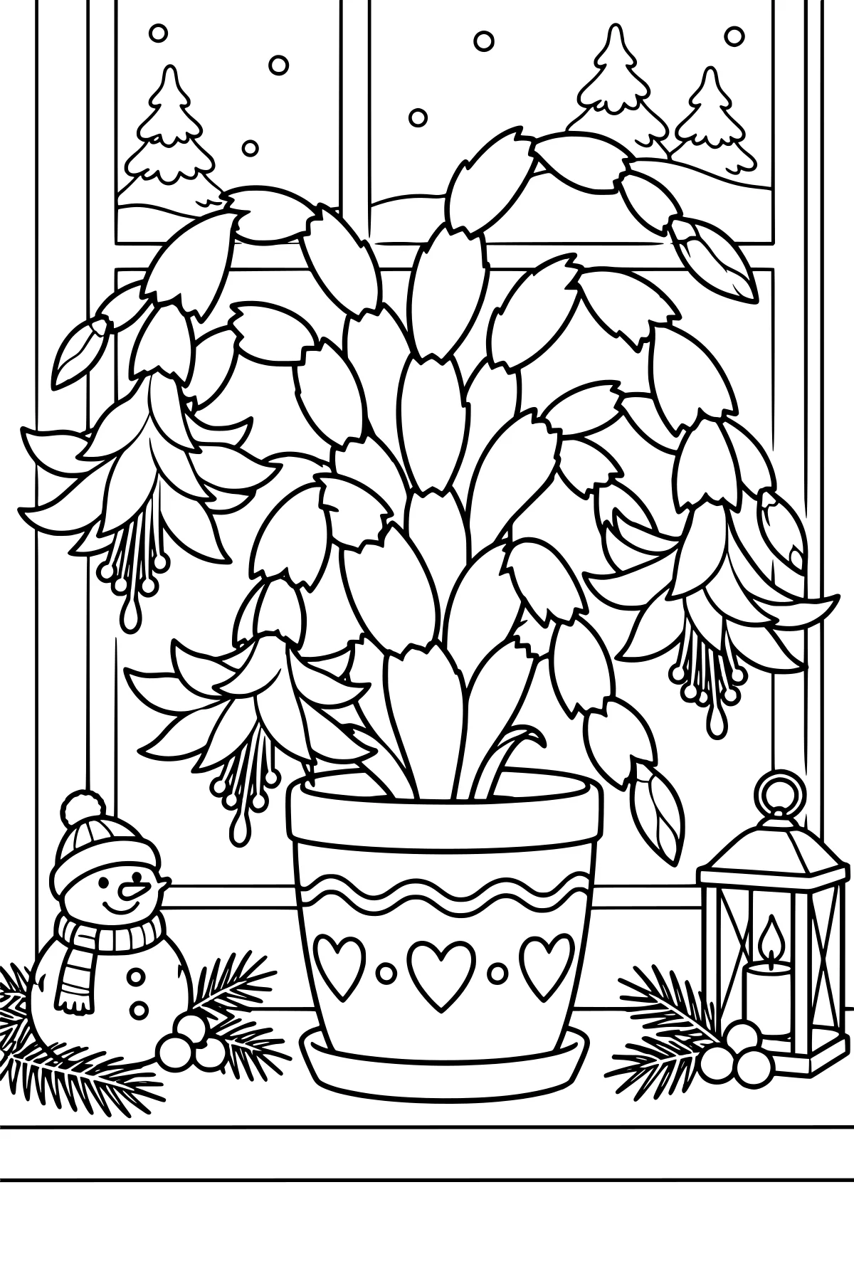 Blooming Christmas cactus in a heart-decorated pot beside a small snowman, evergreen sprigs and a lantern, with snowy trees visible through a window.