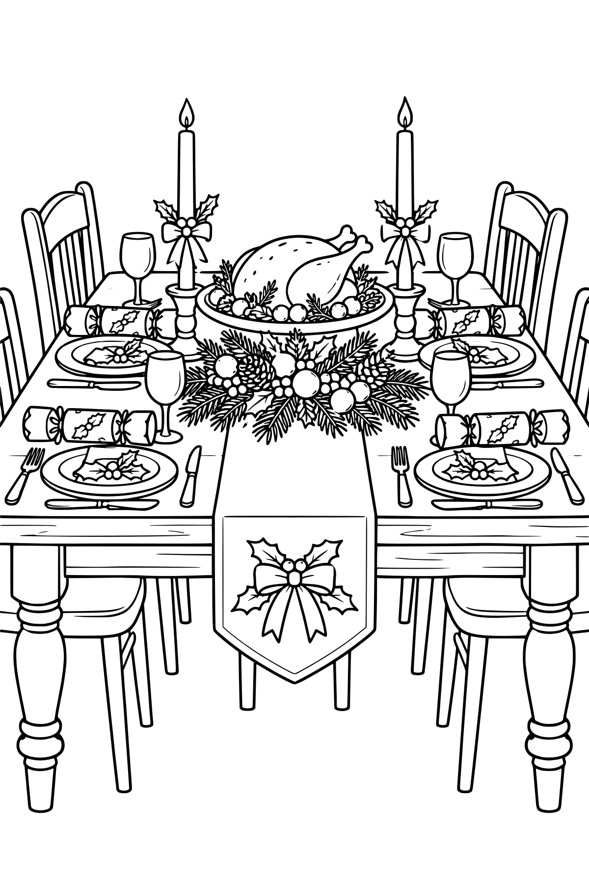 Christmas dinner table set with a roast turkey, evergreen centerpiece, candles, plates, glasses, crackers, holly decorations, and wooden chairs