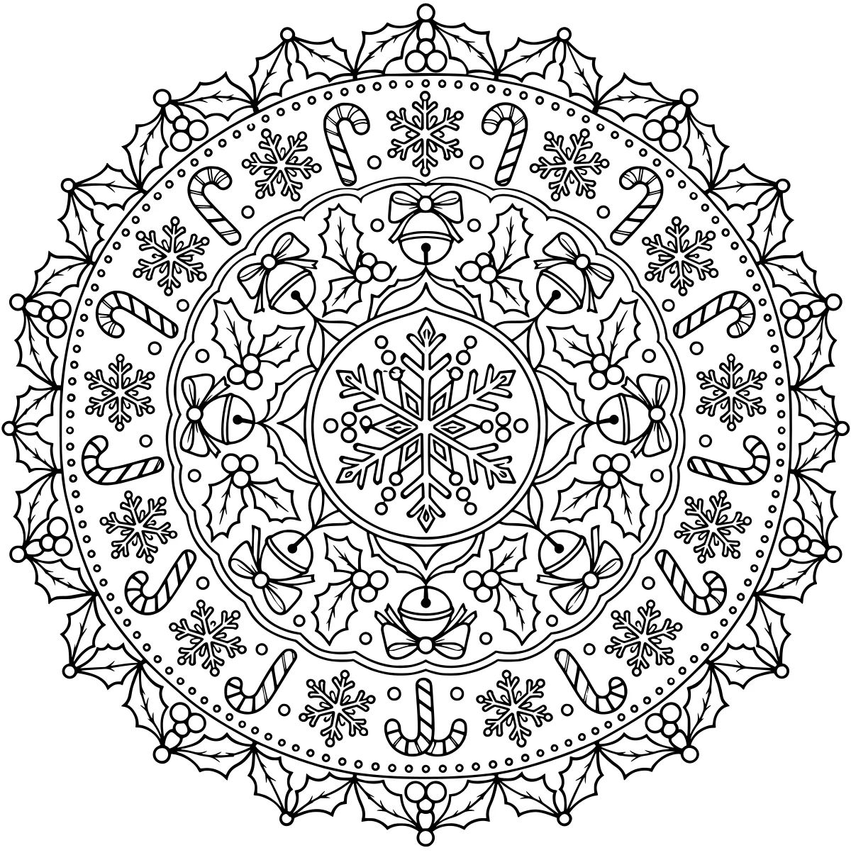 Circular Christmas mandala with a central snowflake, surrounded by bells, bows, holly, berries, candy canes, smaller snowflakes, and dotted rings.