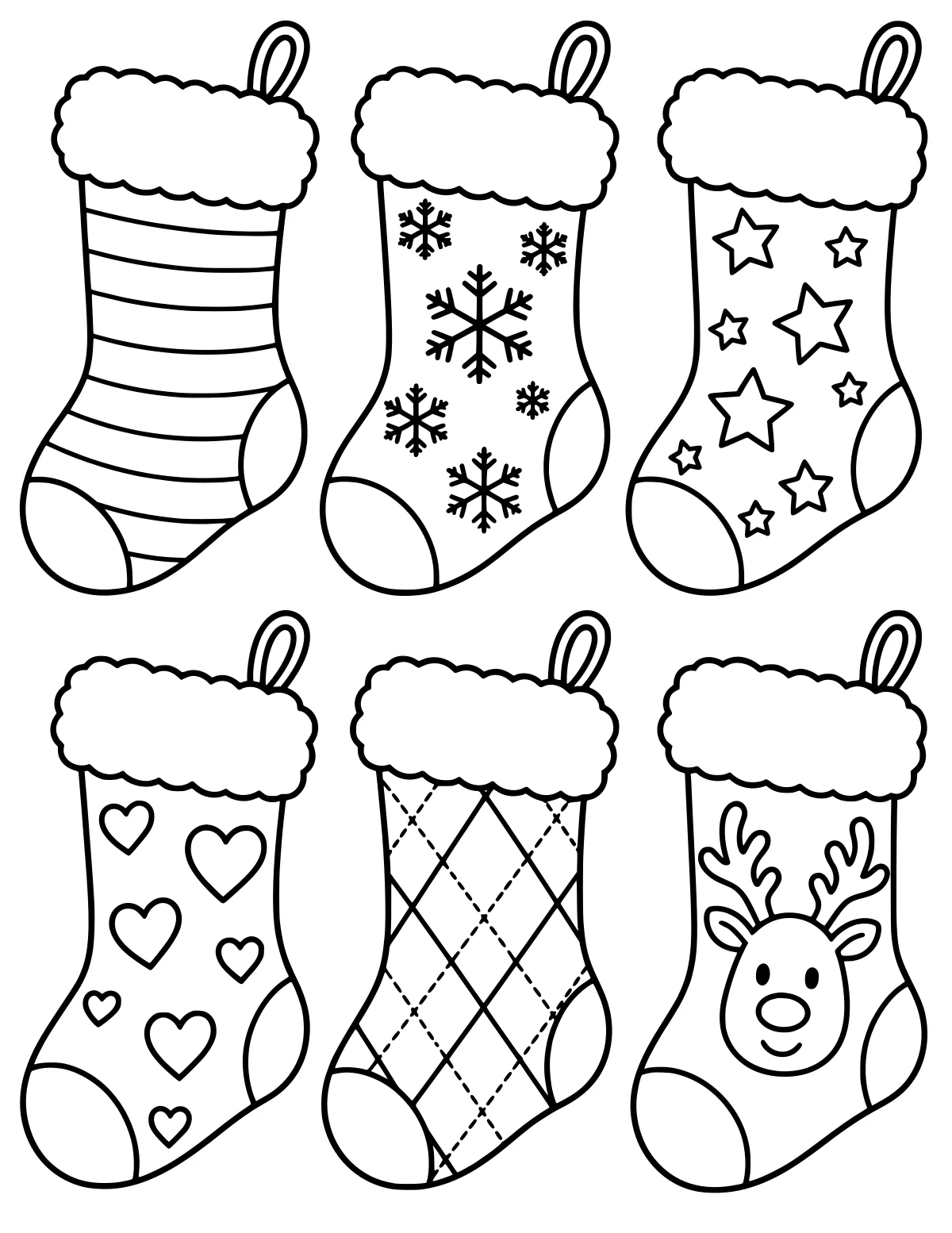 Christmas stockings decorated with stripes, snowflakes, stars, hearts, argyle diamonds, and a reindeer face, each with a fluffy cuff and hanging loop.