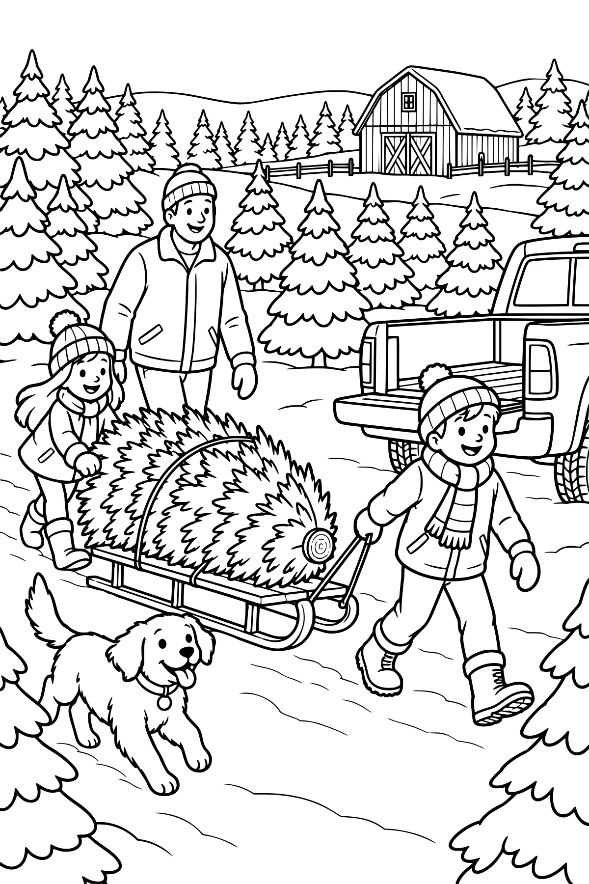 Bundled people pulling a cut evergreen on a sled past a pickup truck, accompanied by a running dog in a snowy tree farm with a barn.