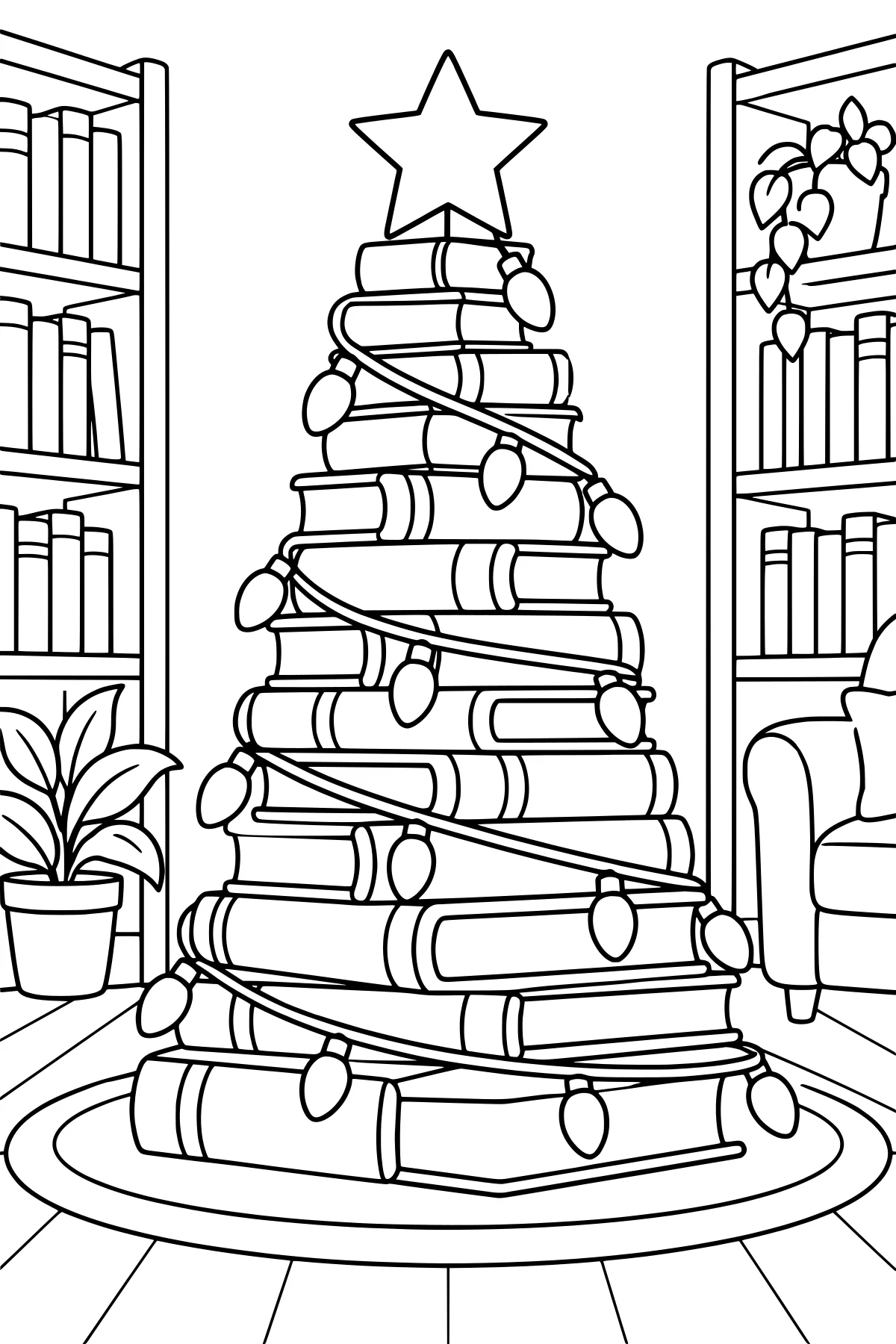 Stacked books arranged as a Christmas tree with a star topper and bulb lights, standing on a round rug between bookcases, plants, and an armchair.
