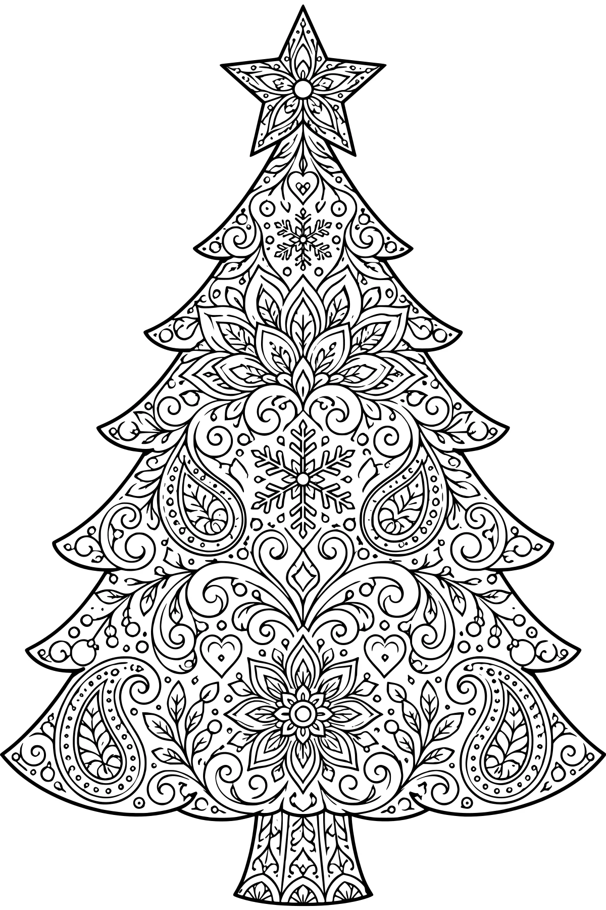 Ornate Christmas tree line art filled with floral mandala designs, snowflakes, paisley shapes, hearts, curling vines, dots, and a patterned star topper.