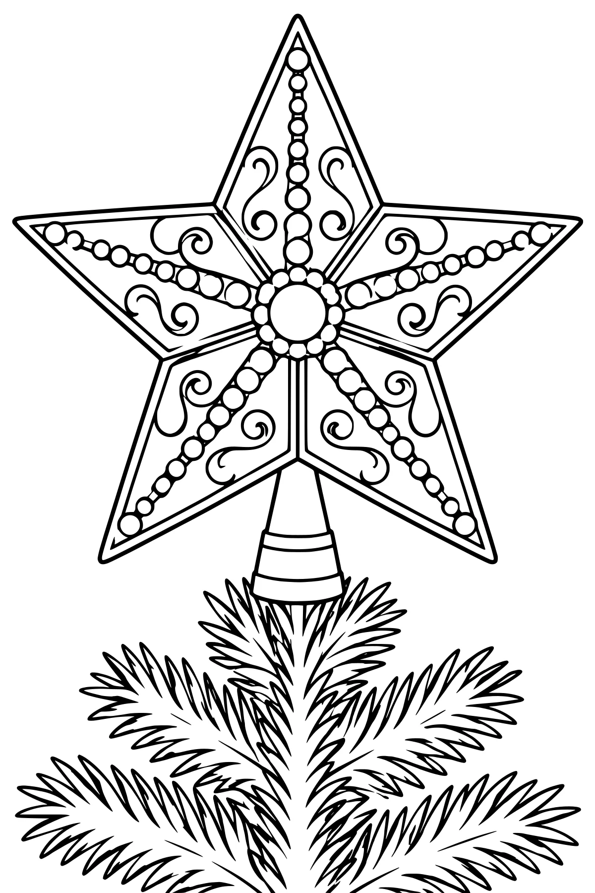 Ornate star tree topper above evergreen branches, decorated with curled flourishes, bead-like circles, layered borders, a round center, and a striped base.