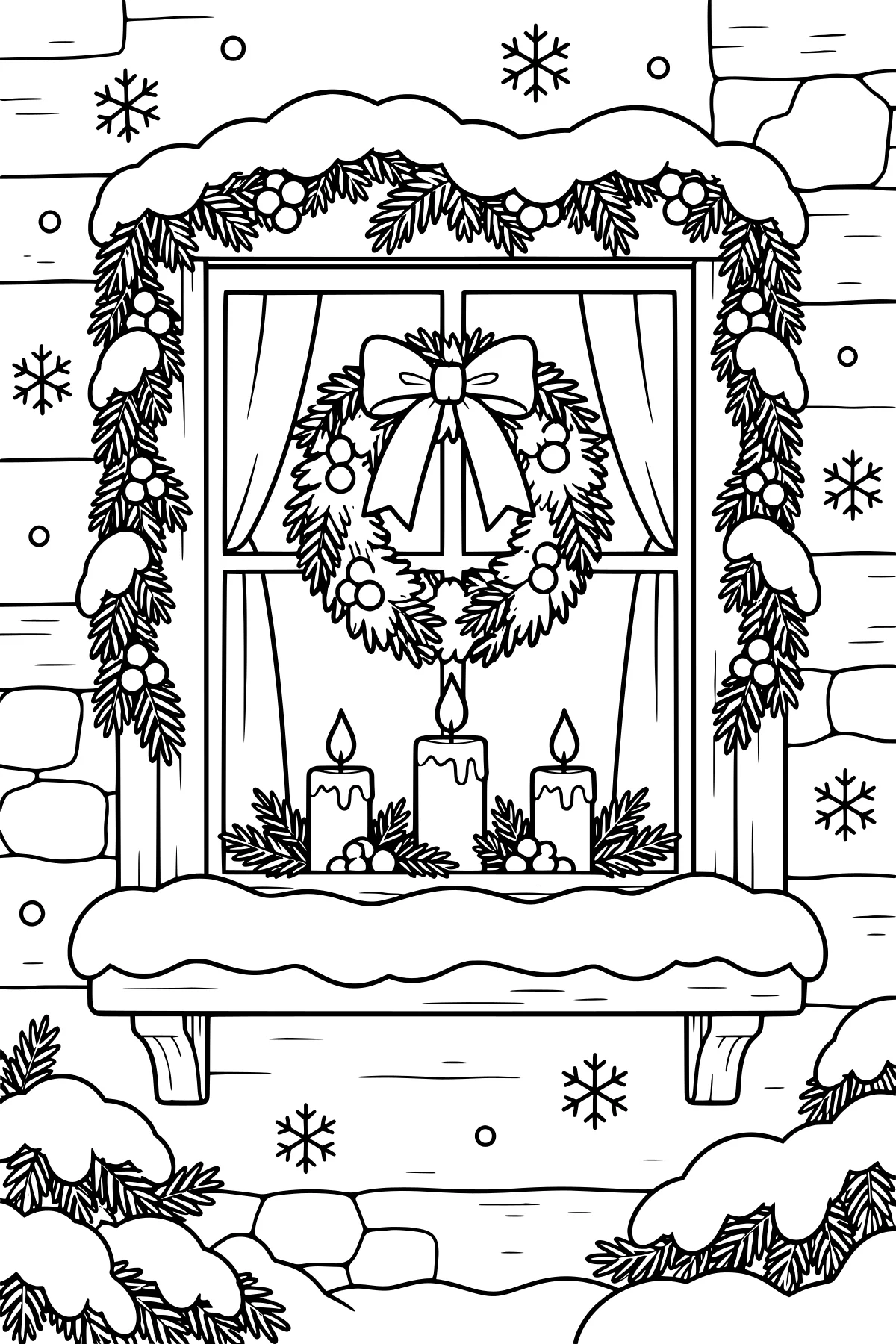 Snowy window framed with evergreen garland, a bow-topped wreath, candles, curtains, berry clusters, and snowflakes against a masonry wall.