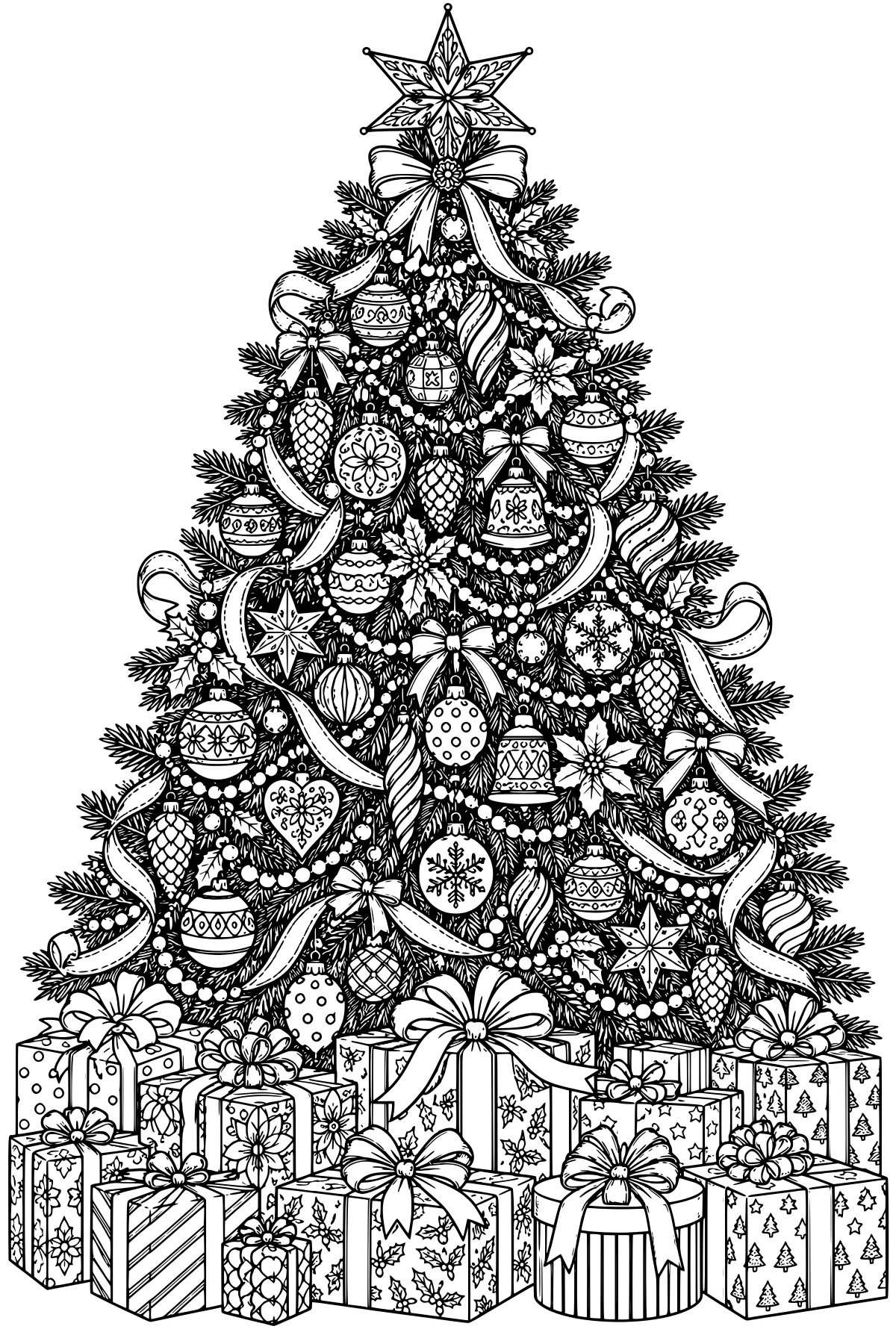 Ornate Christmas tree topped with a star and decorated with ribbons, garlands, bows, flowers, pinecones, bells, and patterned ornaments above wrapped gifts.