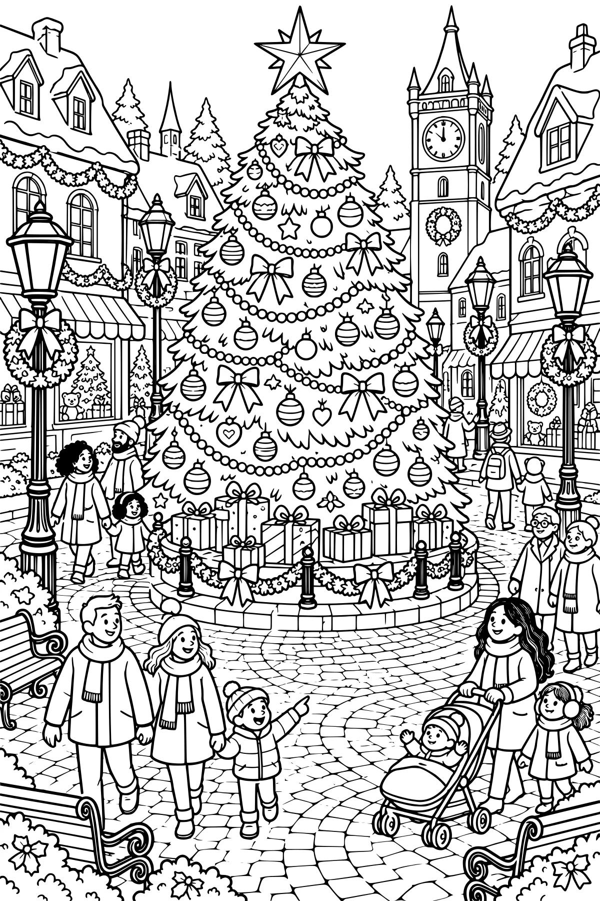 Giant decorated Christmas tree surrounded by gifts and families in a snowy town square with street lamps, shops, benches, and a clock tower.