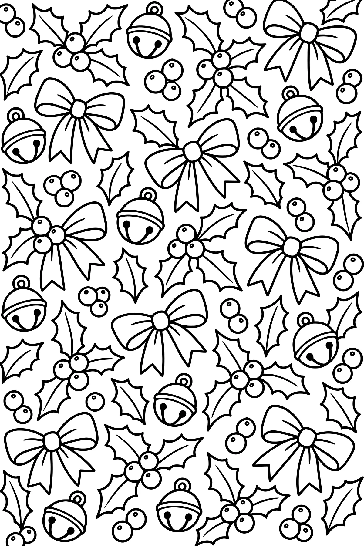 Repeating black-and-white pattern of holly sprigs, berry clusters, ribbon bows, and jingle bells.