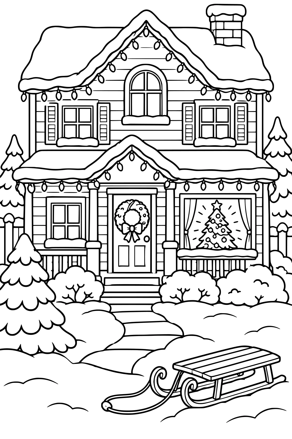 Snow-covered house with holiday lights, a door wreath, a decorated tree in the window, evergreen trees, shrubs, a walkway, and a sled.