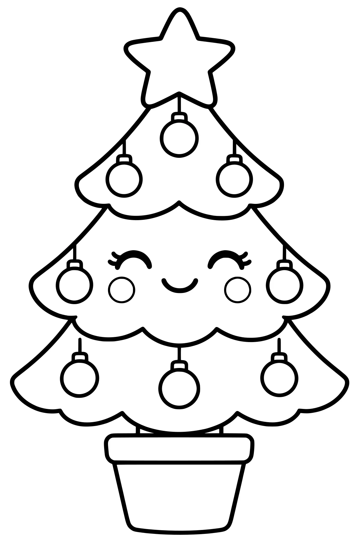 Kawaii potted Christmas tree with layered branches, round hanging ornaments, a curved face, cheek circles, and a star topper.