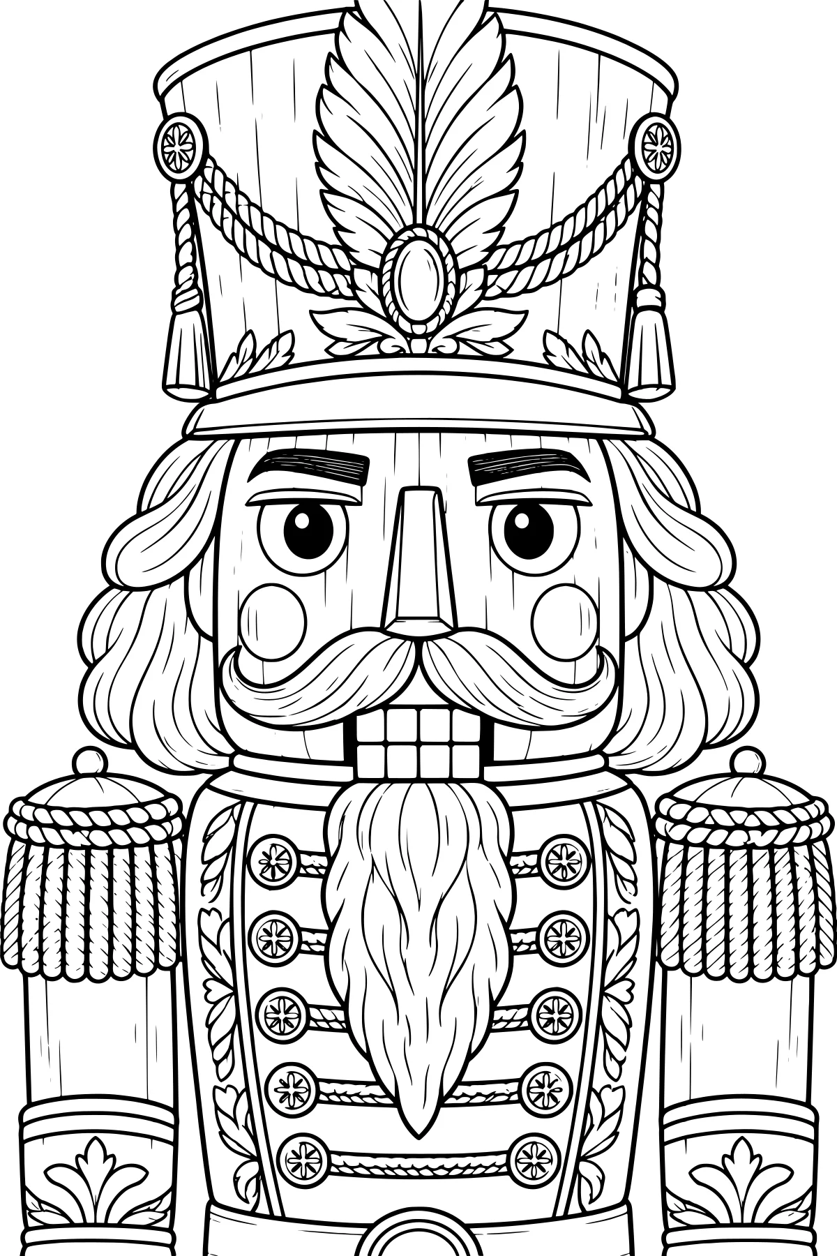 Black-and-white line art of a nutcracker soldier with a feathered hat, curled mustache, long beard, braided cords, buttons, and fringed shoulders.