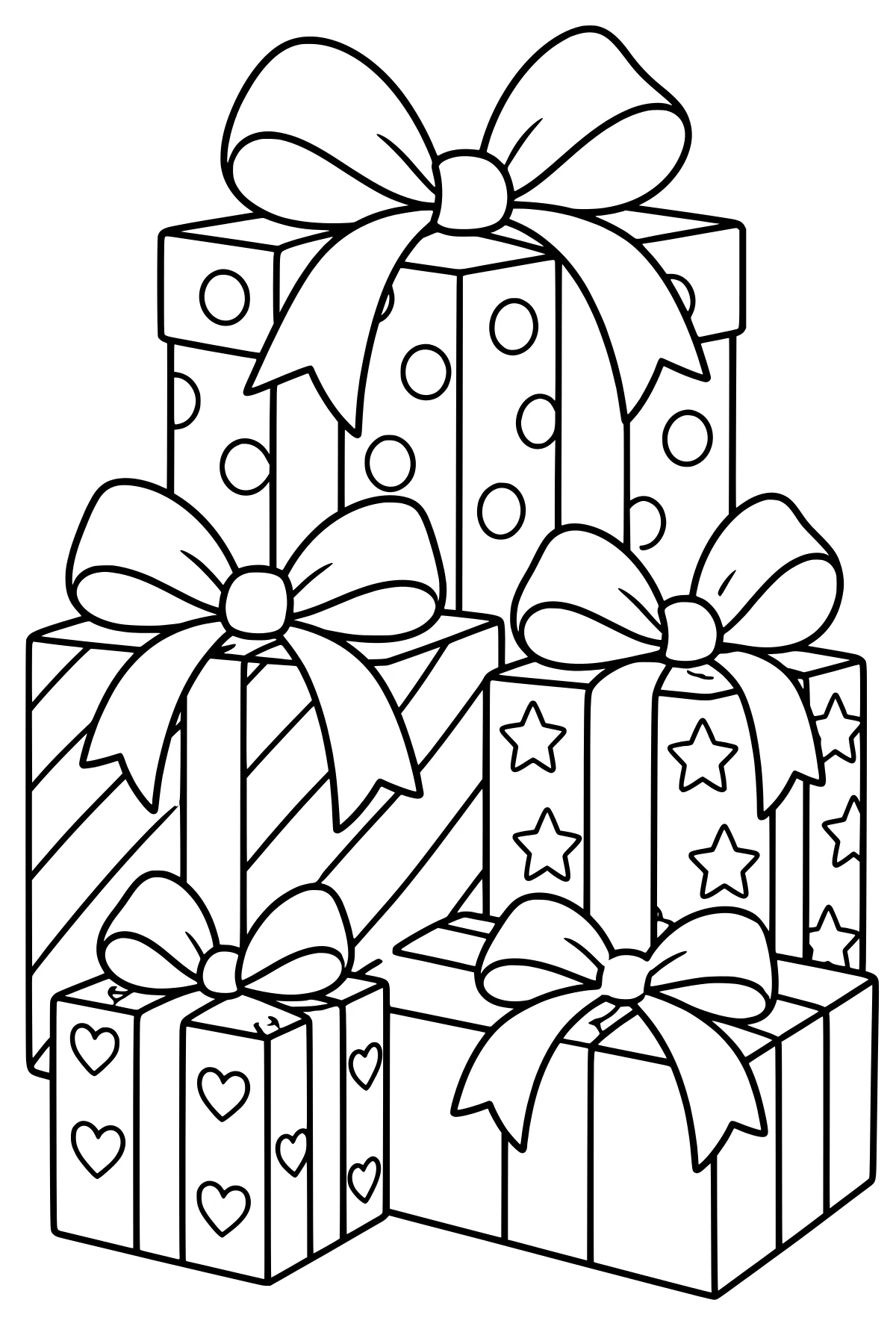 Stacked gift boxes with large ribbon bows and wrapping paper patterns of polka dots, diagonal stripes, stars, and hearts.