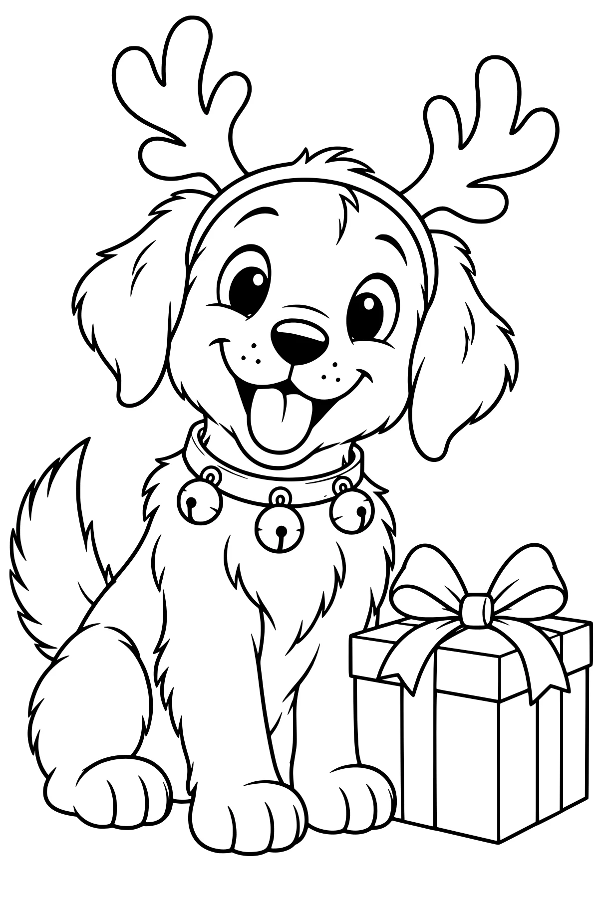 Seated puppy with floppy ears, a raised tail, reindeer-antler headband, bell collar, and tongue showing, next to a ribbon-wrapped gift box.