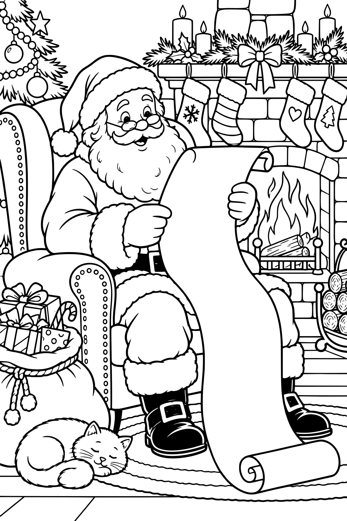 Santa reading a long scroll in an armchair beside a decorated fireplace, Christmas tree, gifts, stacked logs, and a sleeping cat.