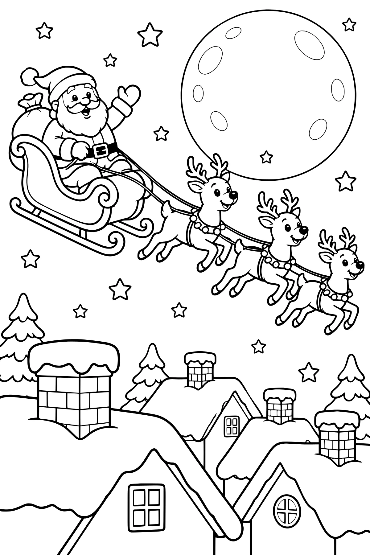 Santa waving from a sleigh pulled by reindeer above snowy rooftops, chimneys, pine trees, stars, and a large moon.