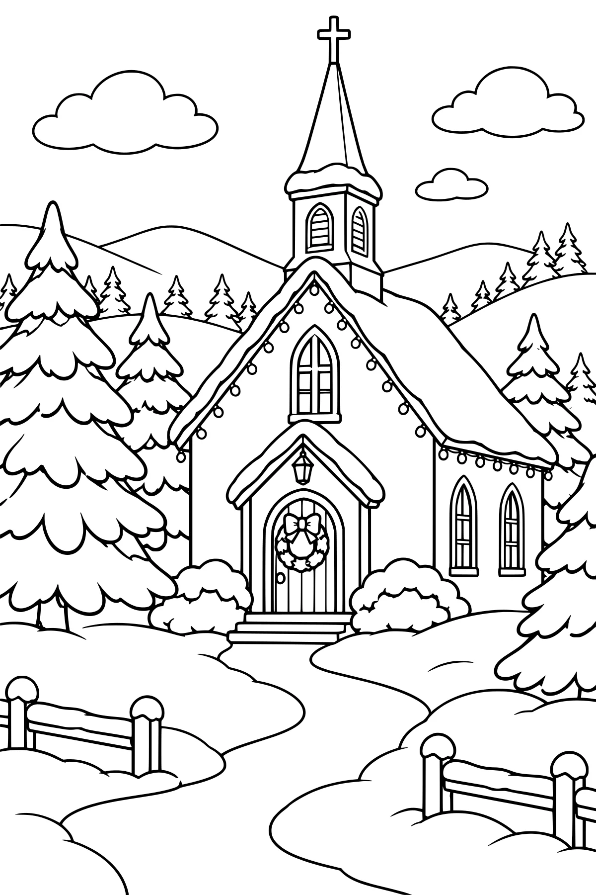 Snow-covered church with a tall steeple, arched windows, roofline lights, a door wreath, evergreen trees, hills, fences, and clouds.