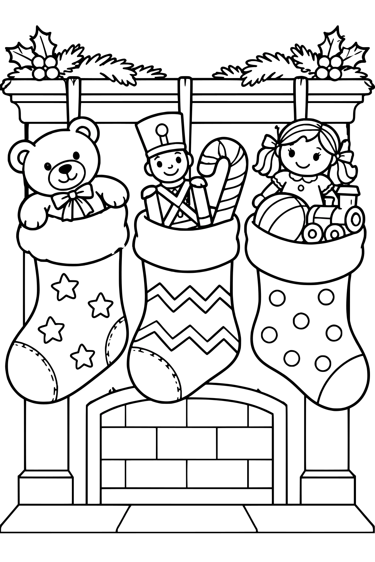 Christmas stockings filled with a teddy bear, toy soldier, candy cane, doll, ball, and train hanging above a brick fireplace.