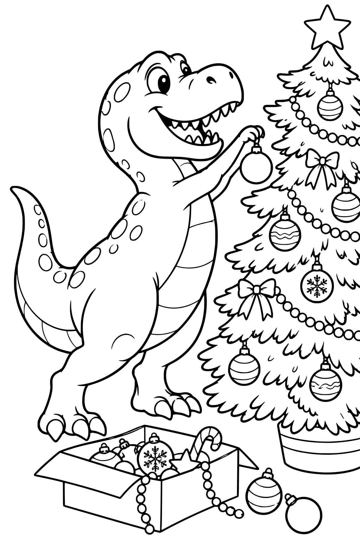 Line art of a T-Rex hanging a round ornament on a Christmas tree decorated with a star, bows, bead garlands, and patterned baubles.