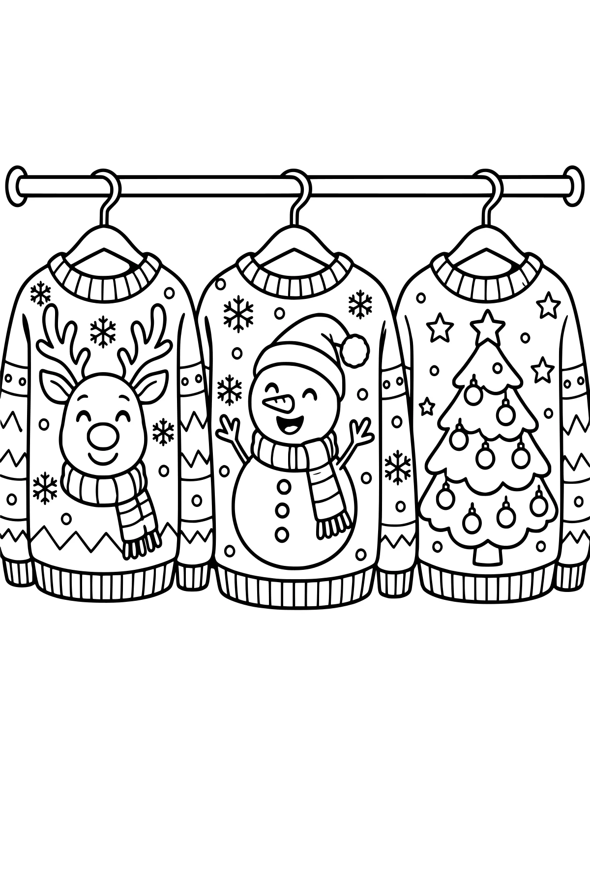 Three sweaters on hangers with reindeer, snowman, and decorated Christmas tree motifs, surrounded by snowflakes, stars, zigzags, and ribbed trim.