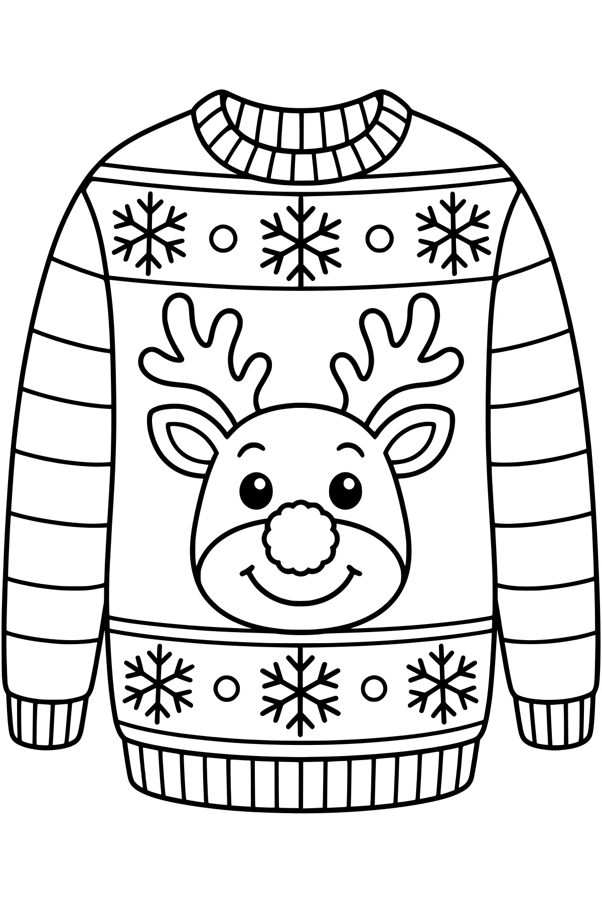 Christmas sweater line art with a reindeer face, antlers, snowflakes, circular accents, striped sleeves, and ribbed trim.