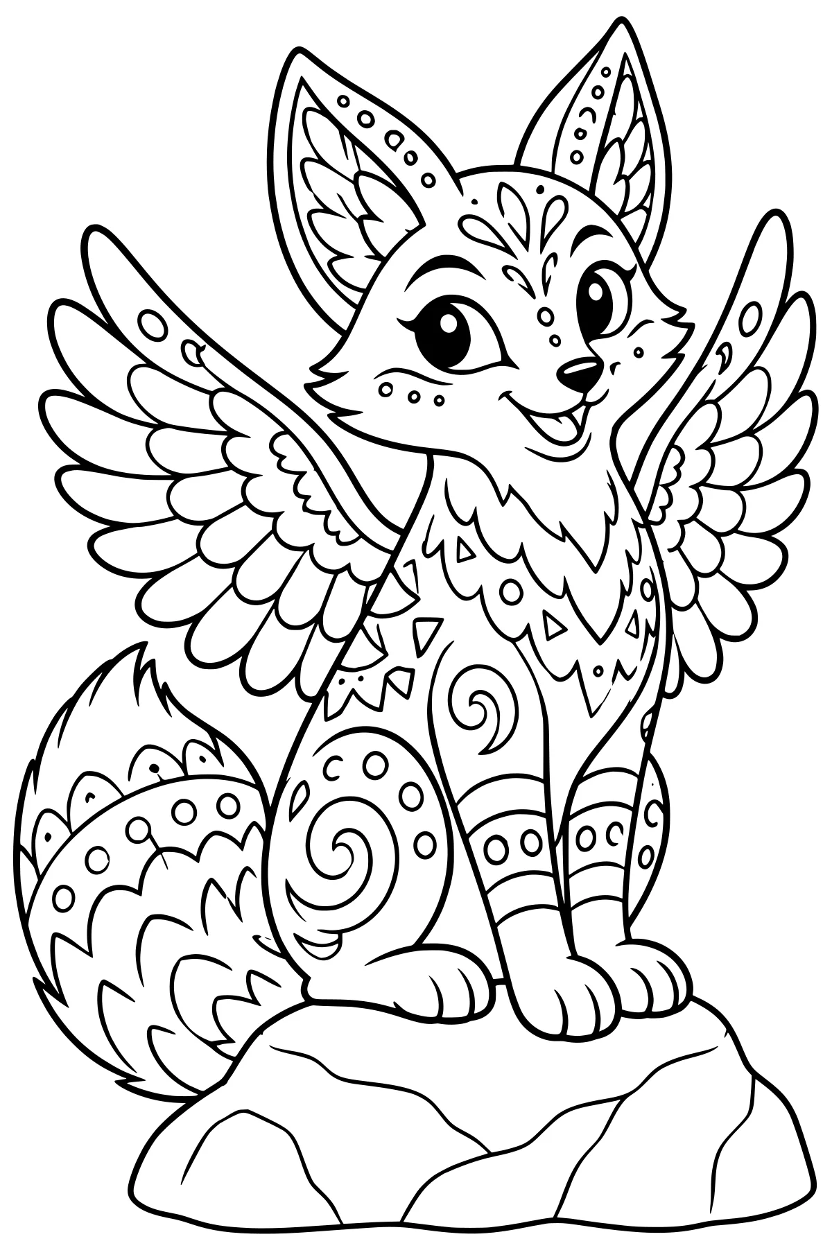 Winged alebrije fox seated on a rock, with feathered wings, a curled tail, pointed ears, and decorative swirls, dots, bands, and triangles.