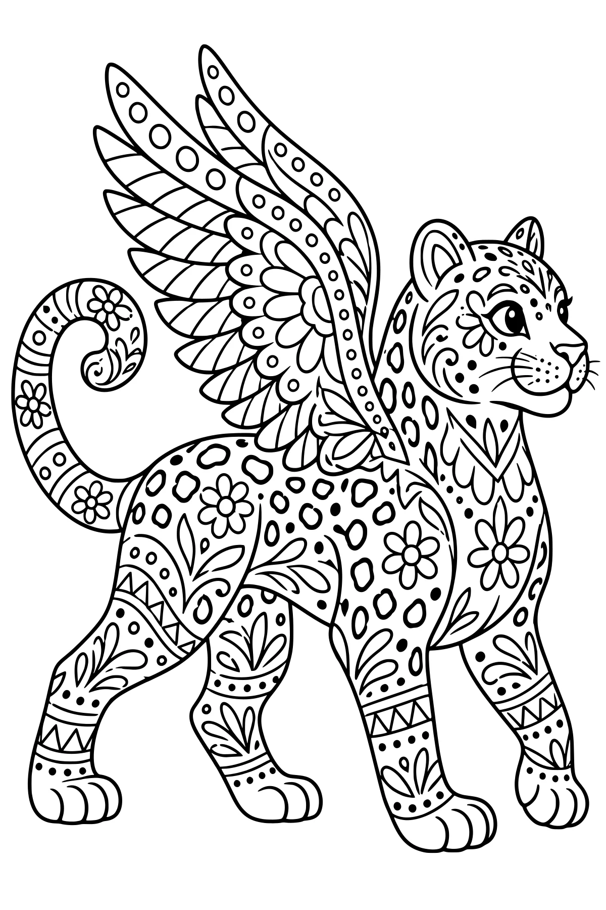 Winged alebrije jaguar with a curled tail, feathered wings, floral motifs, spots, leaf shapes, dots, and geometric bands.