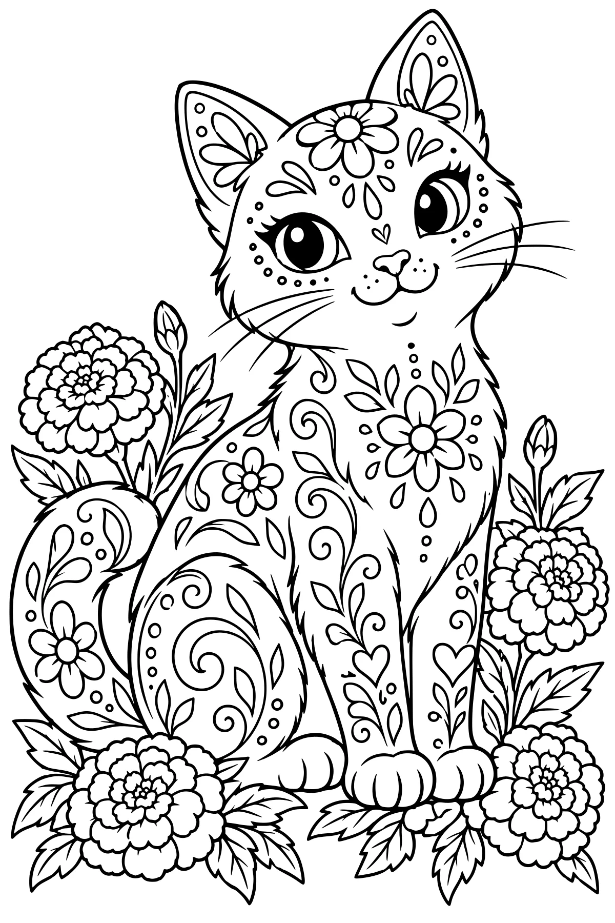 Seated cat surrounded by layered flowers and leaves, with large eyes, floral face paint, and curling decorative patterns across the ears, chest, legs, and tail.
