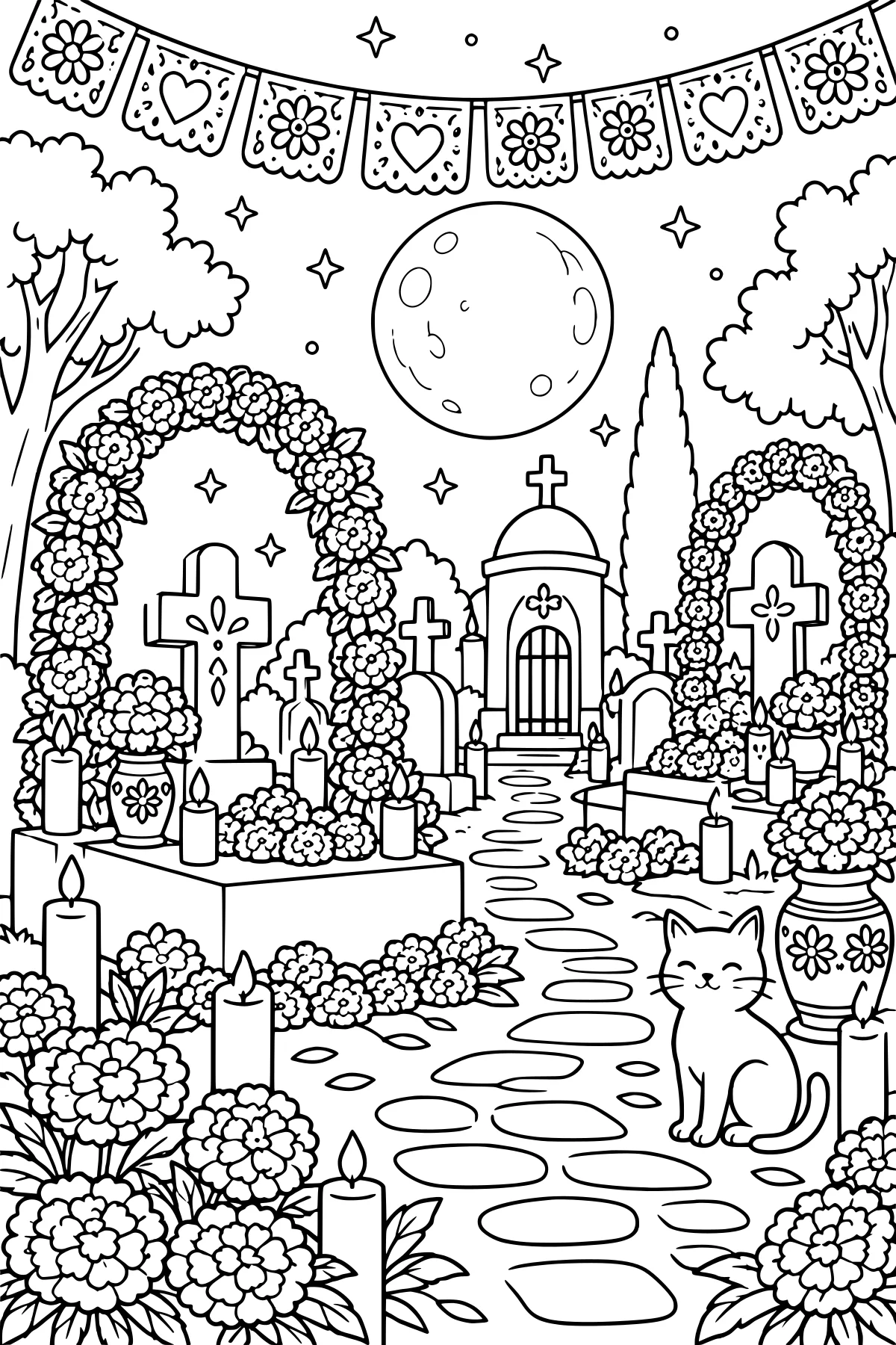 Moonlit cemetery with floral arches, candles, crosses, gravestones, hanging banners, a winding path, a small chapel, and a seated cat.