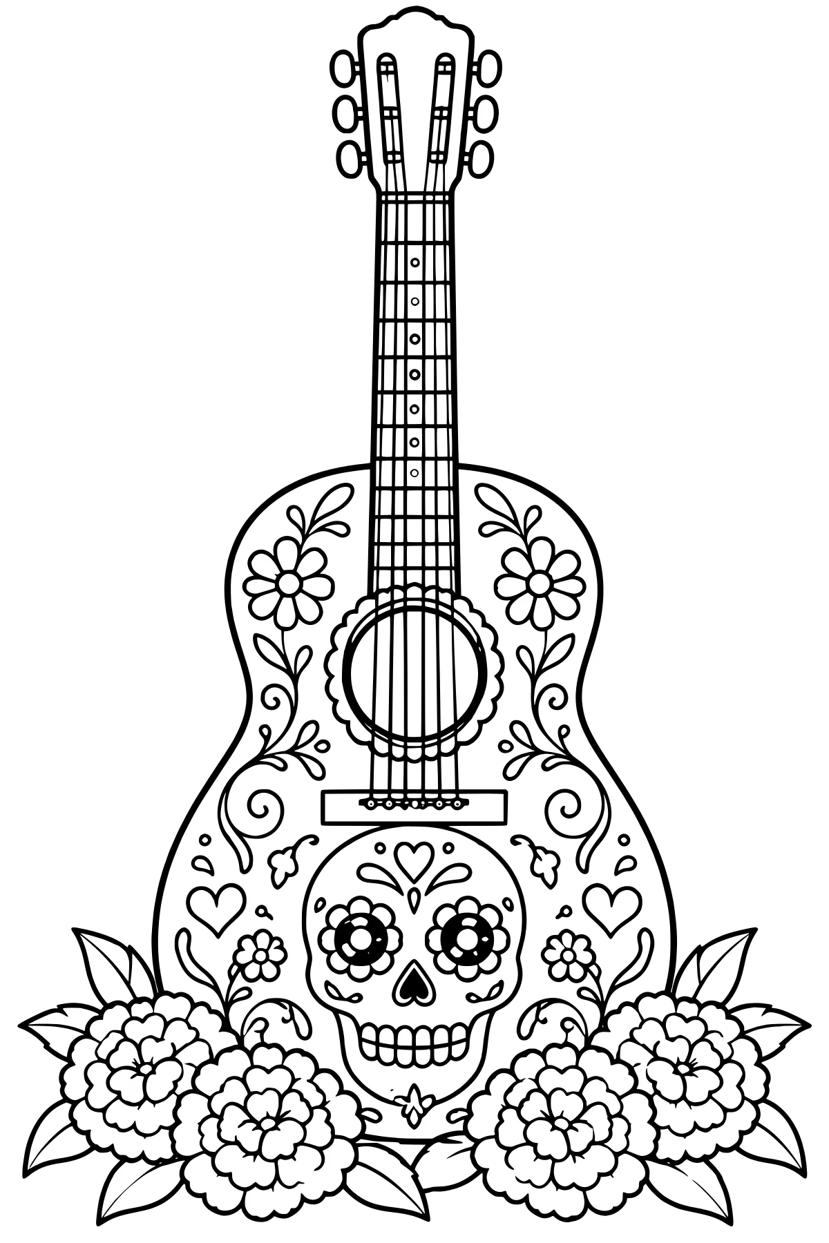 Upright guitar decorated with a floral sugar skull, vines, hearts, blossoms, strings, tuning pegs, and a border of large flowers and leaves.