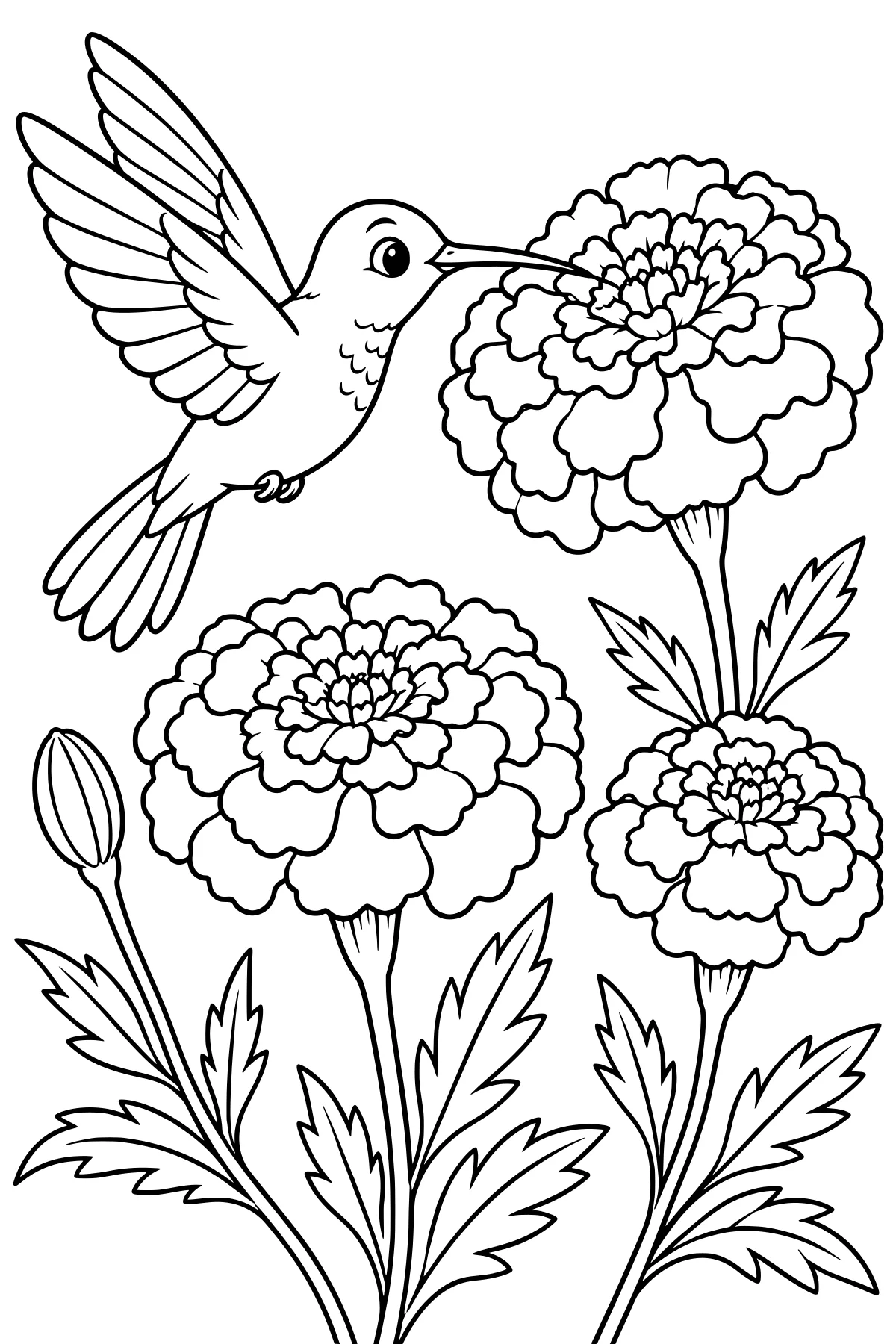 Hovering hummingbird with spread wings reaching into a marigold, surrounded by layered blooms, stems, pointed leaves, and a closed bud.