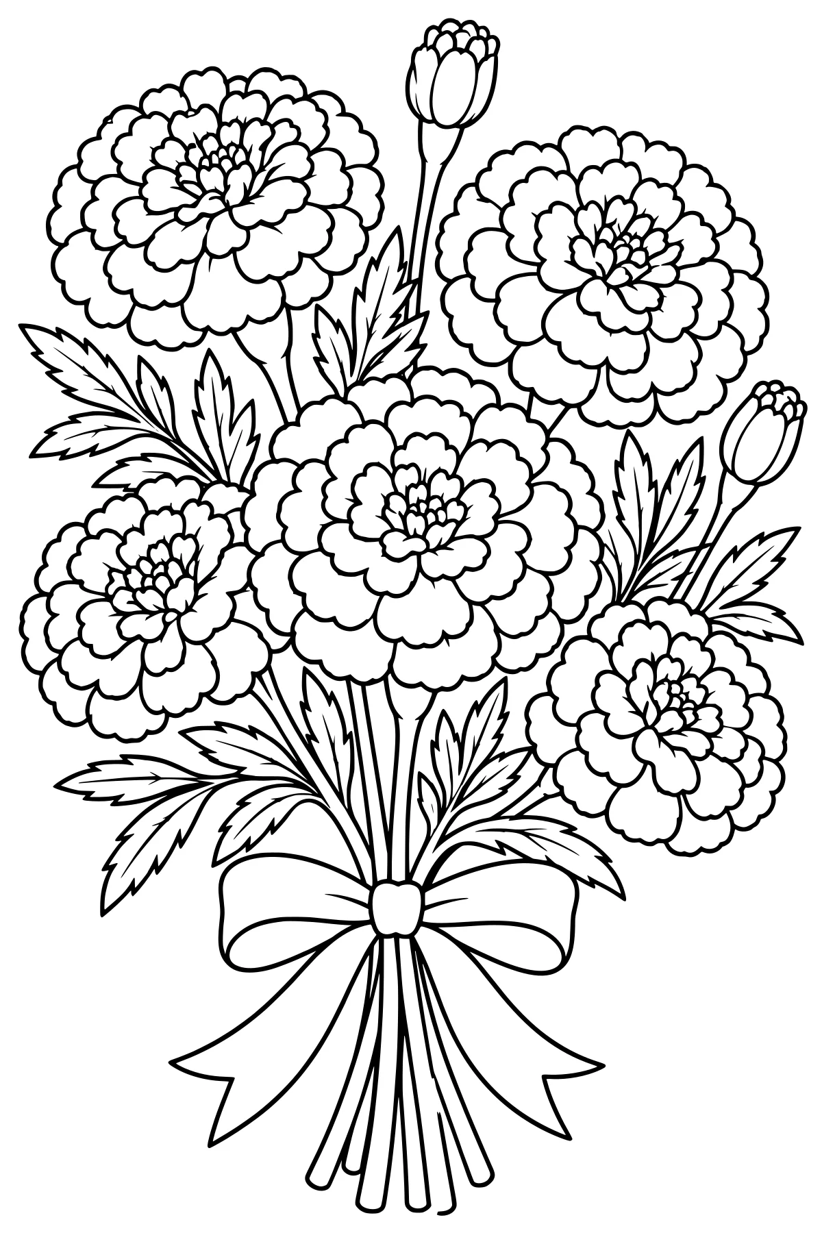 Bouquet of layered marigold blooms and buds with serrated leaves, long stems, and a large ribbon bow.