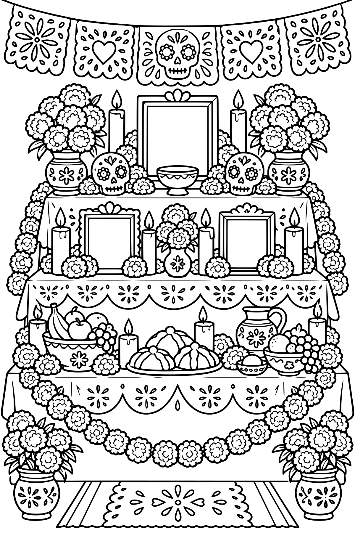 Tiered ofrenda altar decorated with candles, flower vases, skull ornaments, blank frames, fruit, bread, pottery, papel picado, and looping floral garlands.