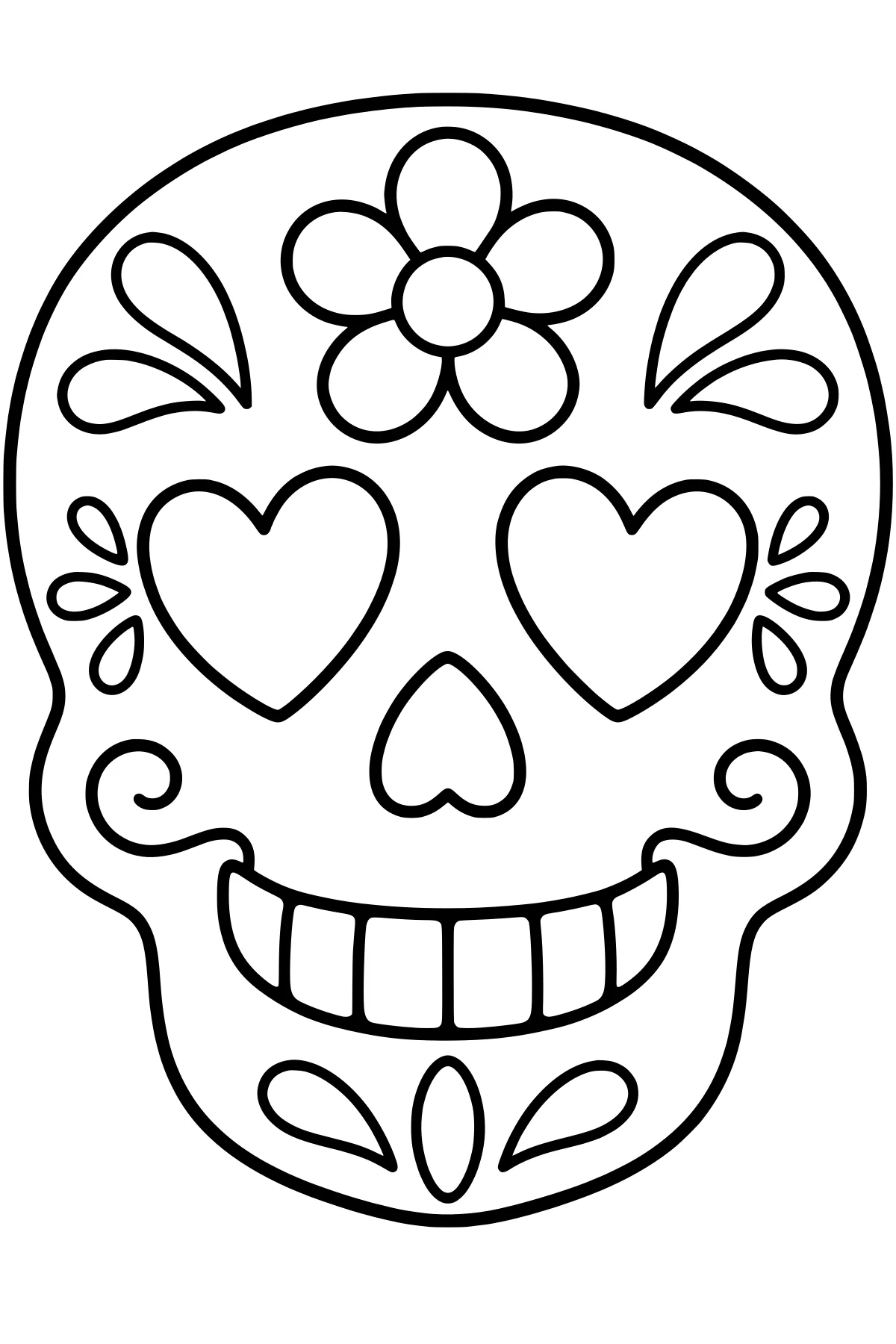 Simple sugar skull with heart-shaped eyes, a forehead flower, heart-shaped nose, curled cheek marks, teardrop decorations, and a broad grin.