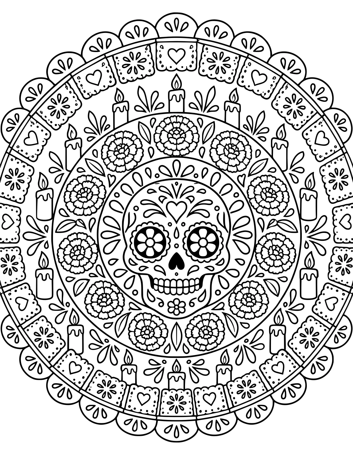 Decorated sugar skull centered within circular bands of flowers, leafy sprigs, burning candles, hearts, floral panels, and scalloped edging.