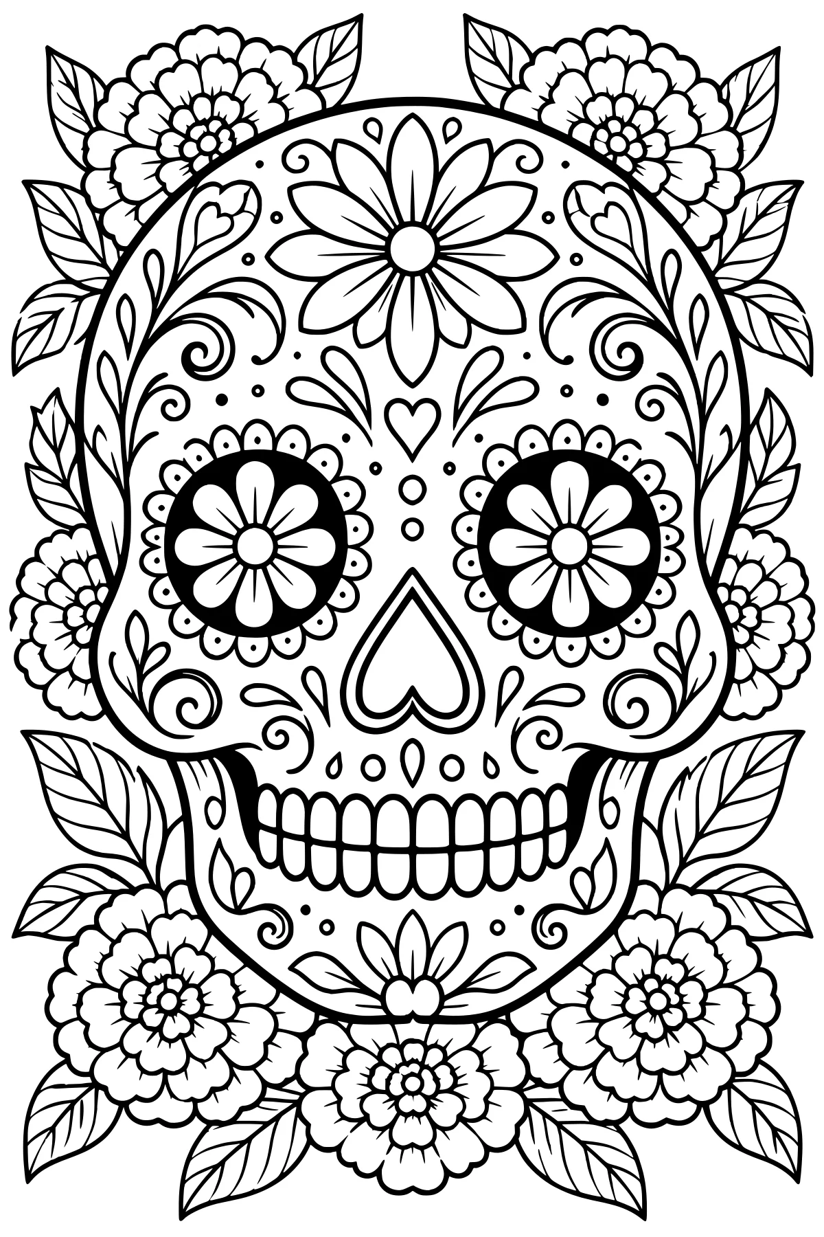 Ornate sugar skull surrounded by marigold blossoms and leaves, with floral eye centers, curling vines, dots, and scalloped details.