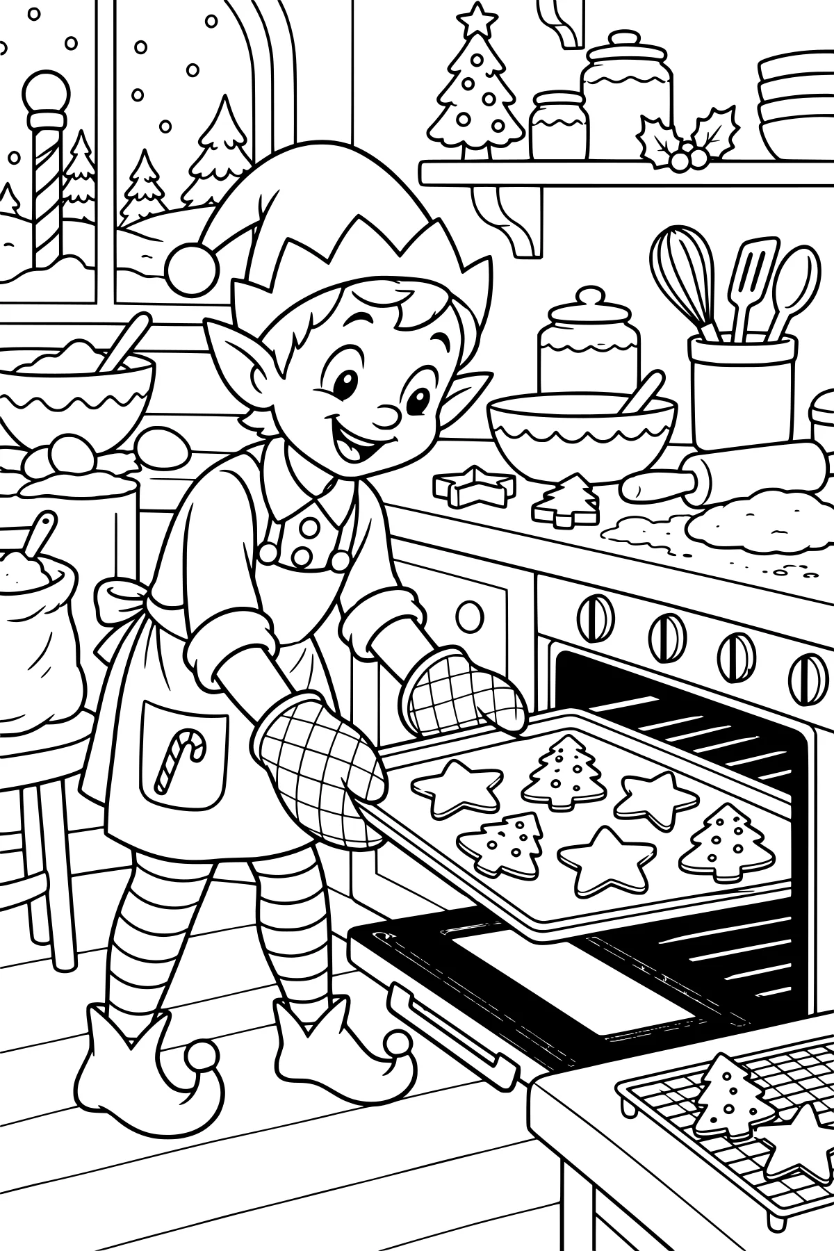 Smiling elf placing a tray of star and tree-shaped cookies into an open oven in a kitchen filled with baking supplies and holiday decorations.